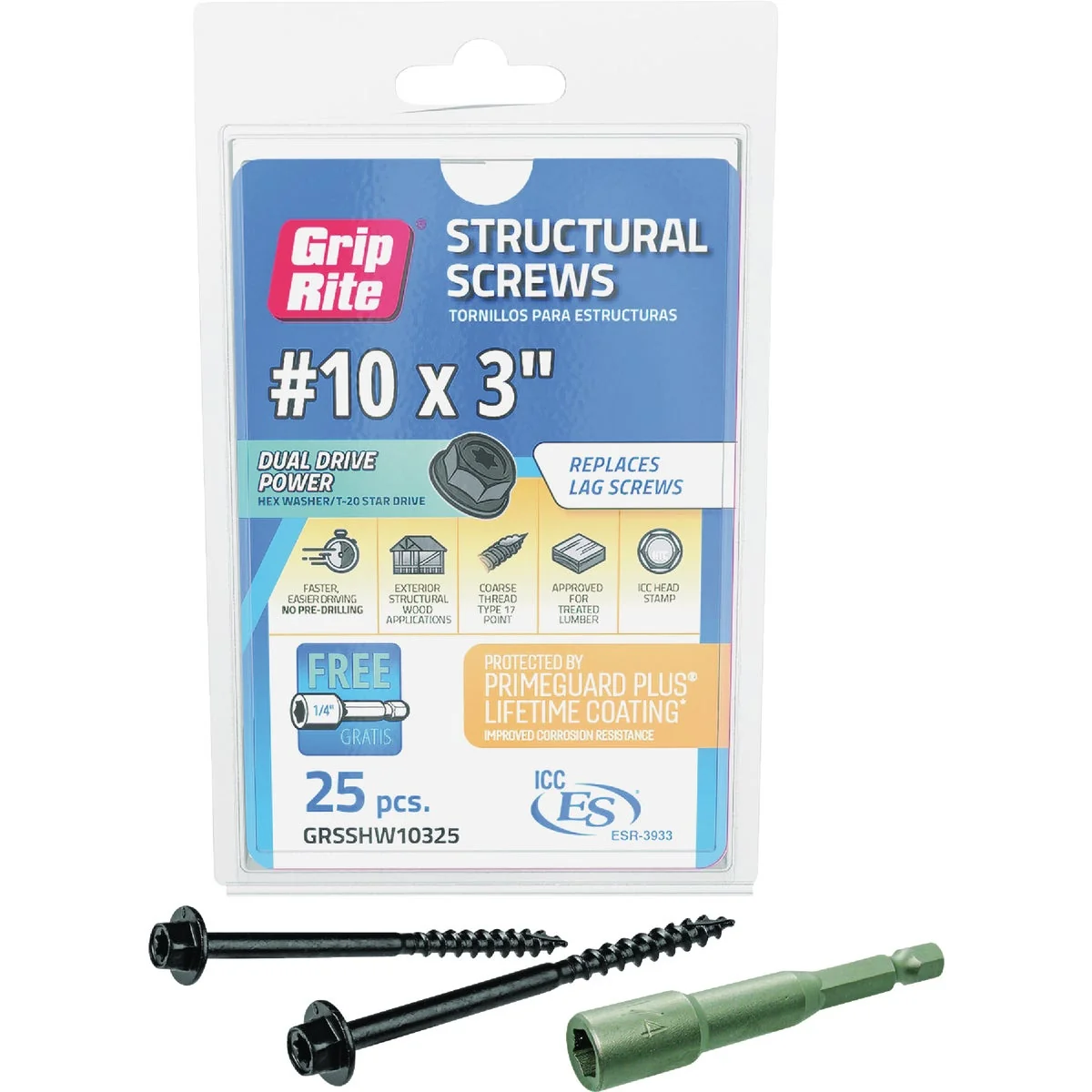Fine Grip-Rite PrimeGuard Plus 10 x 3 In. Hex Washer Head Structural Screw 25-Count Dependable
