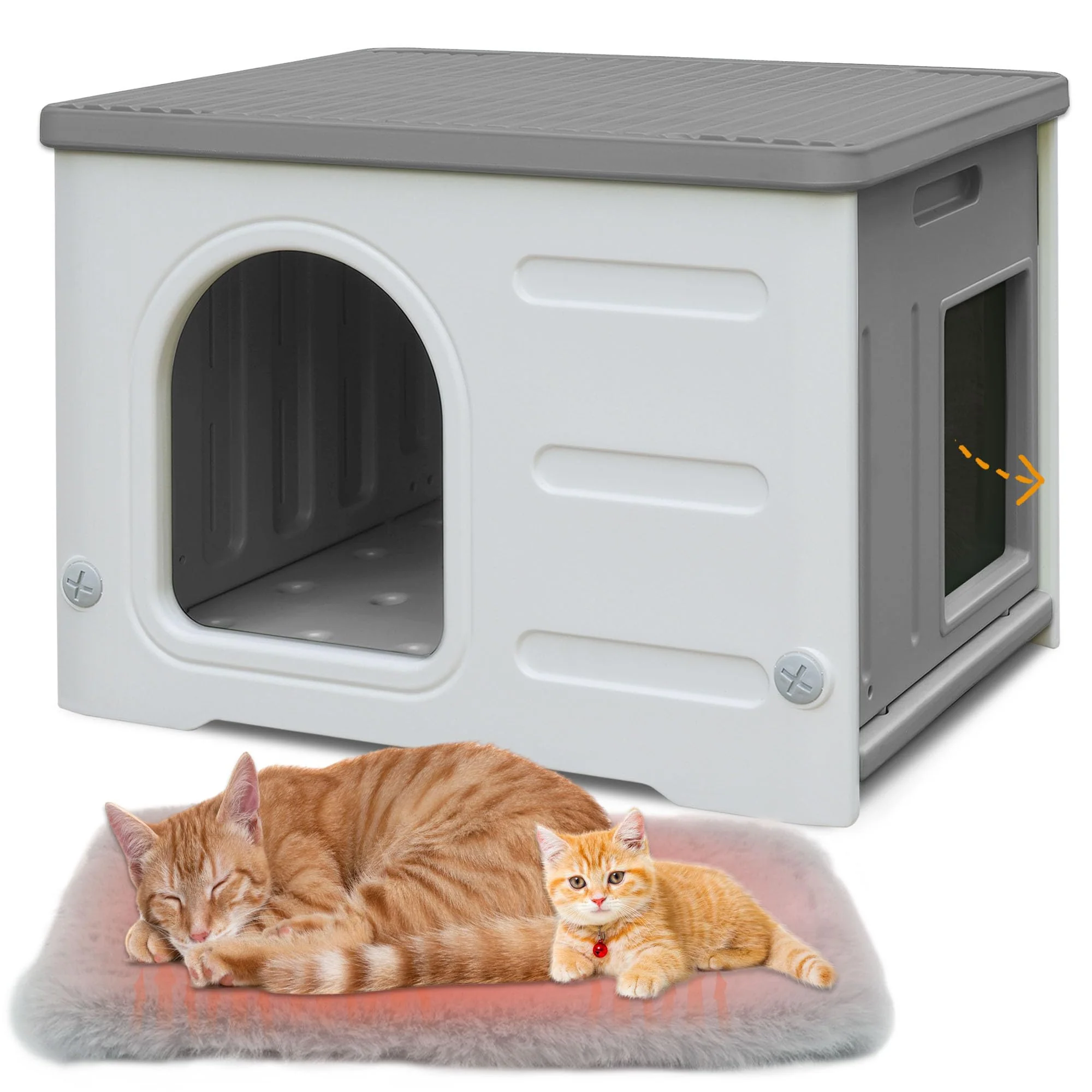 Safe Deblue Waterproof Cat House for Outdoor Cats — Escape Door Soft Mat 2-Story Stackable Shelter Grey Organic