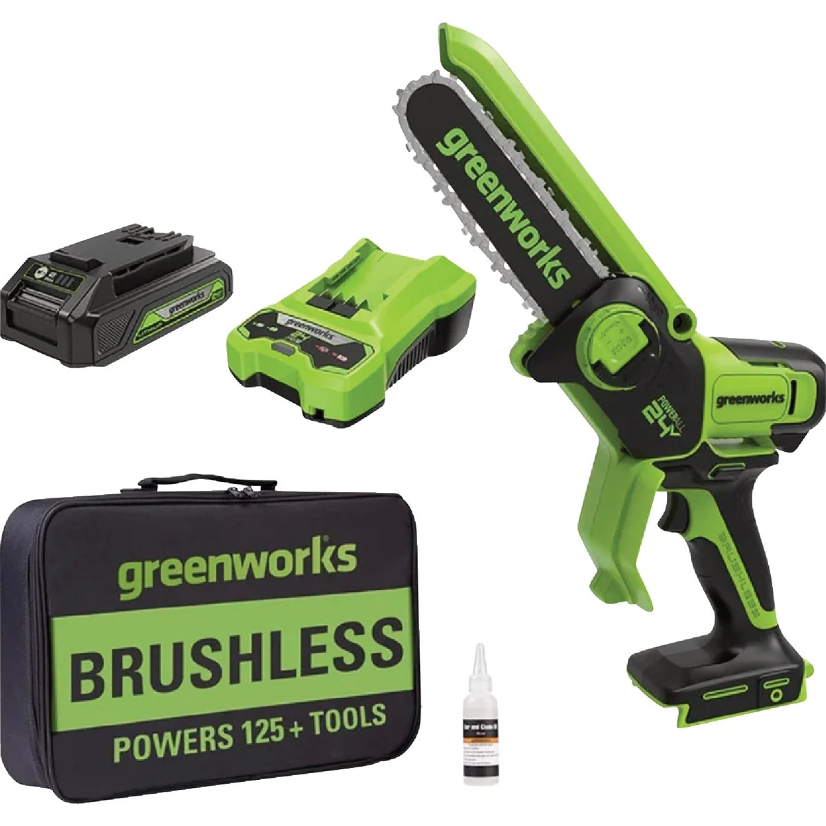 Professional Greenworks 24V 6 In. Cordless Battery Brushless Pruner Saw with 2.0 Ah Battery Charger Safe