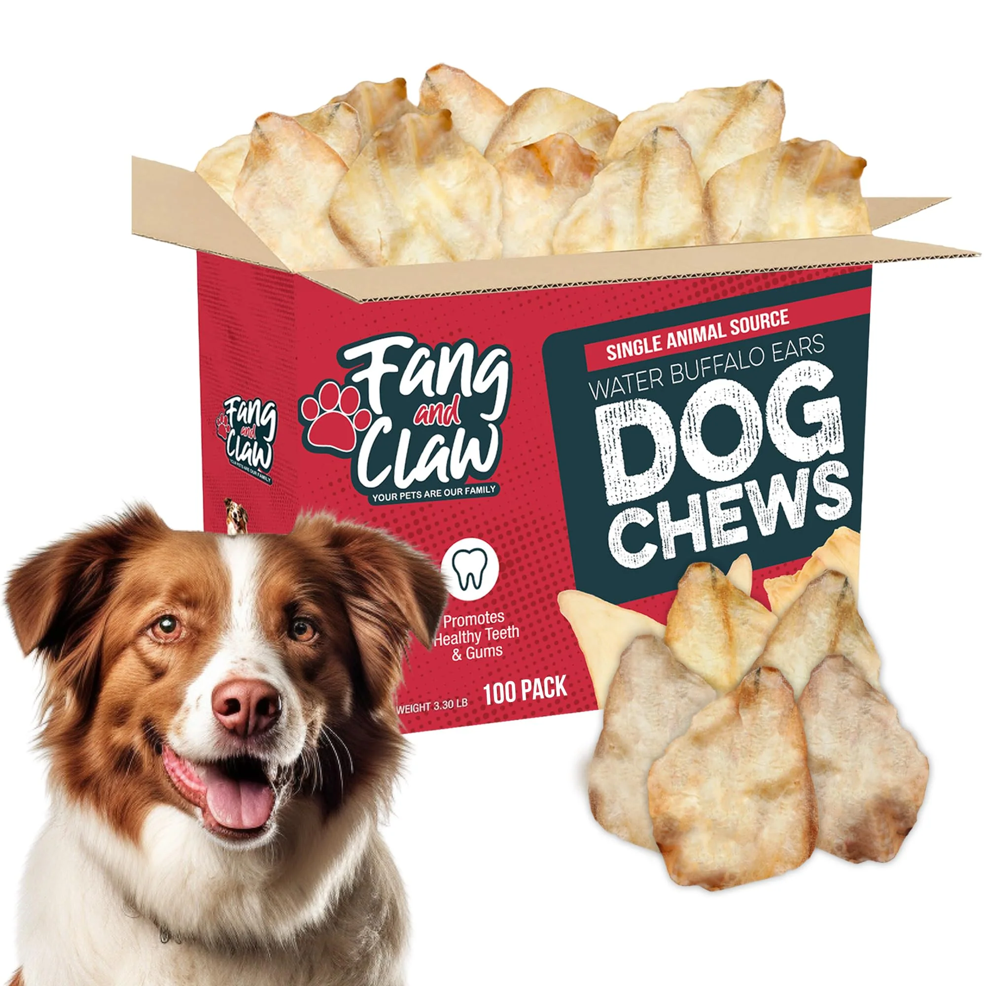 Premium Fang Claw 100 Count Water Buffalo Ears for Dogs Solid