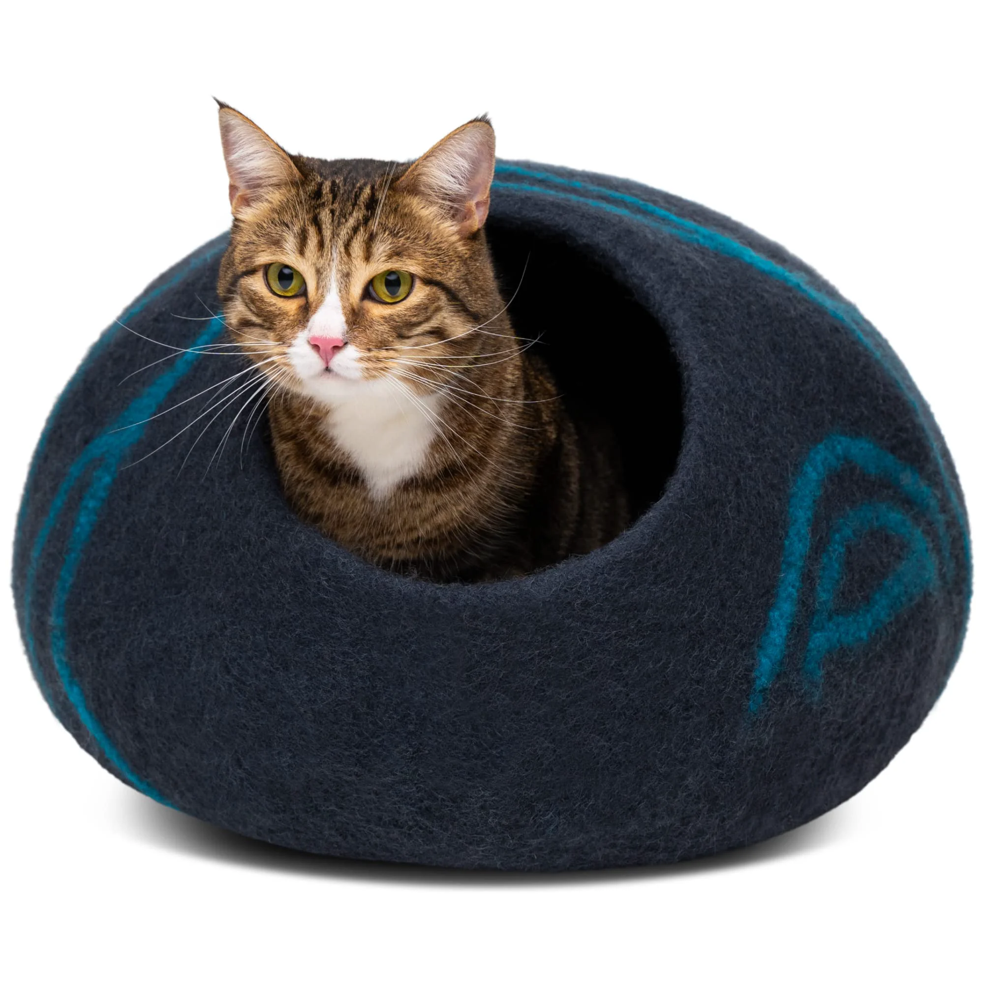 Innovative MEOWFIA Cat Cave – Premium Merino Wool Felt Cat Bed Medium Black Aqua Contemporary