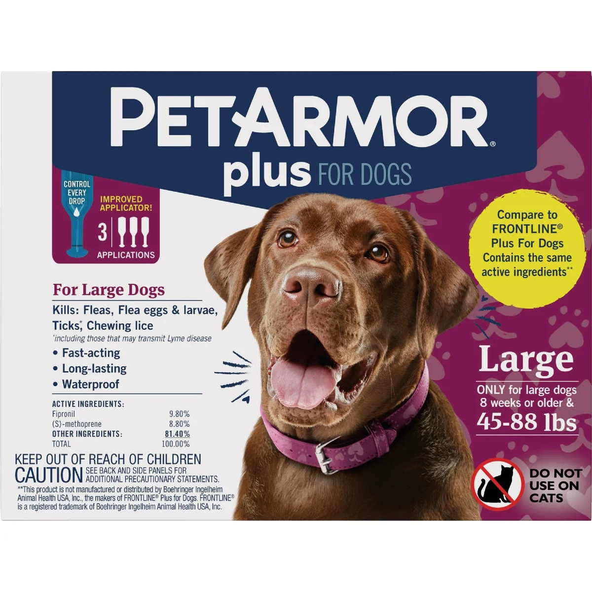 Long-Lasting PetArmor Plus 45 to 88 Lb. Dog Flea Tick Topical Treatment 3-Pack Green