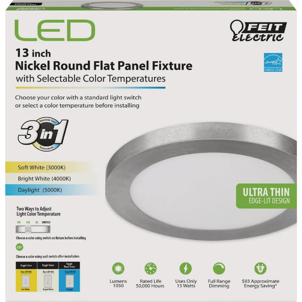 Effective Feit Electric Edge-Lit 13 In. Nickel Round 4-Way LED Flush Mount Light High-Quality