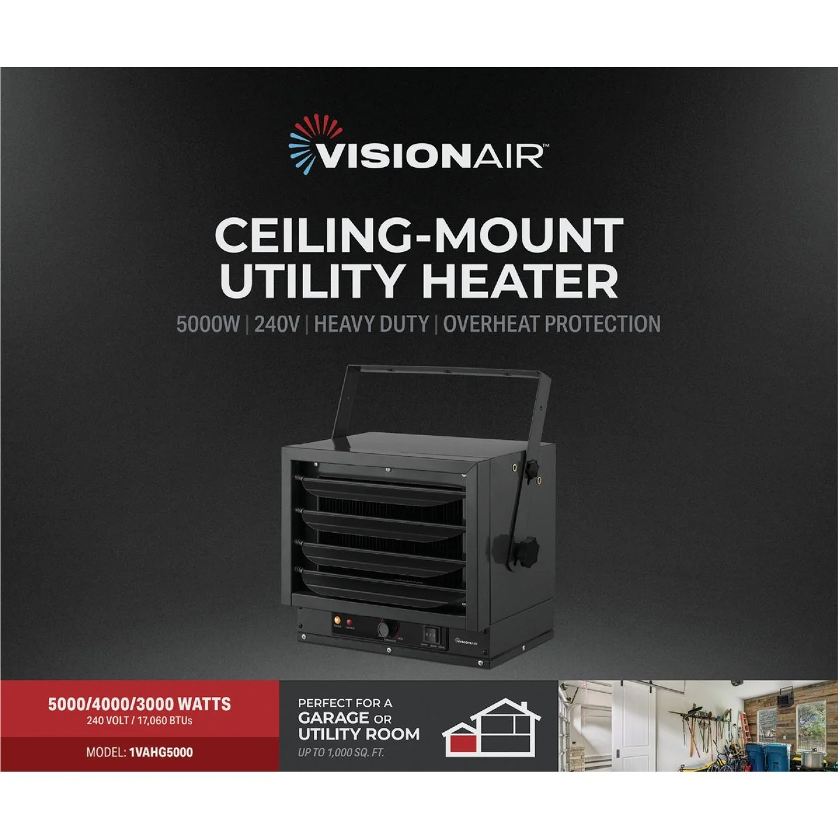 Green Vision Air 5000W 4000W 3000W 240V Wire Element Electric Ceiling Mount Heater Efficient