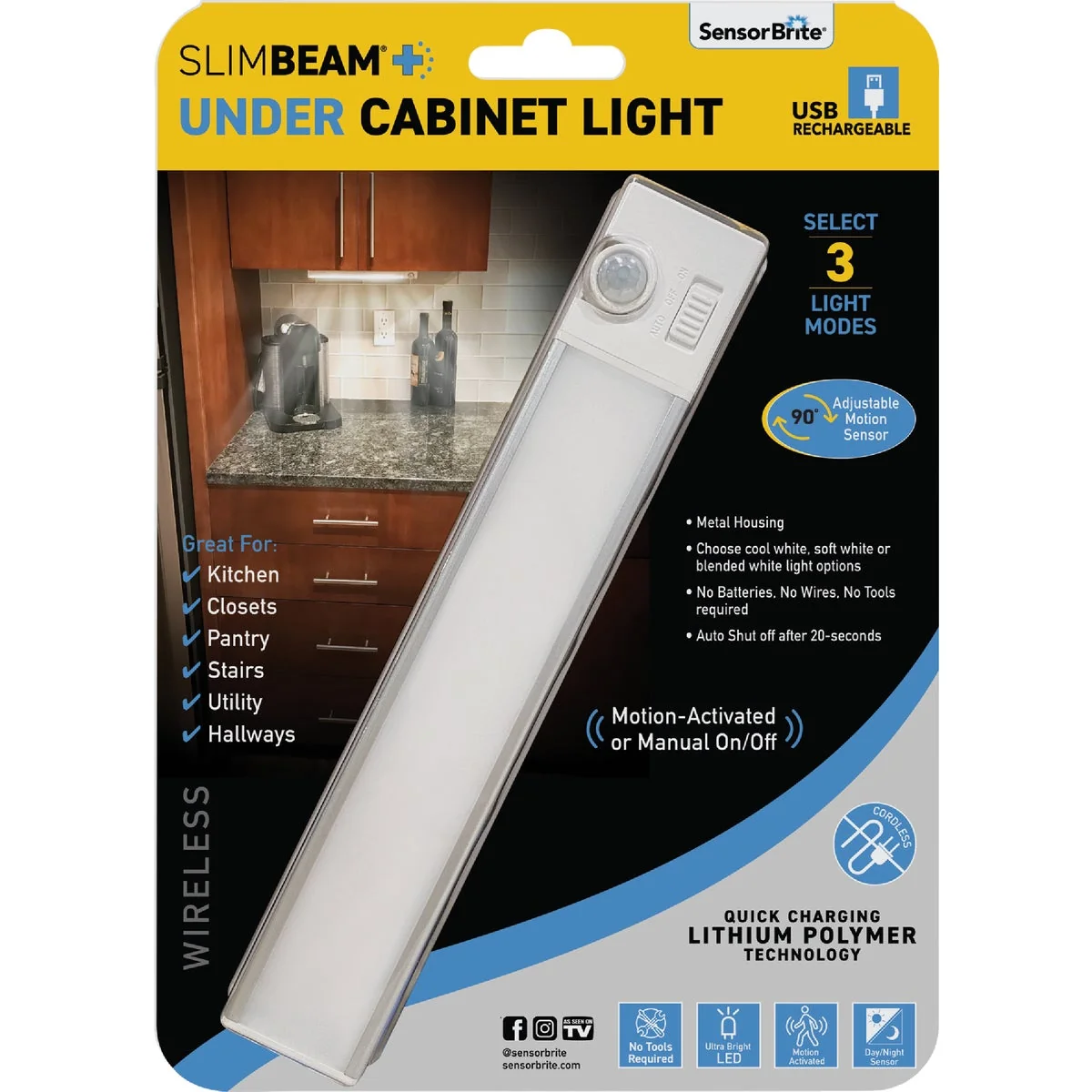 Recyclable SensorBrite SlimBeam Rechargeable LED Under Cabinet Light Fine Crafted