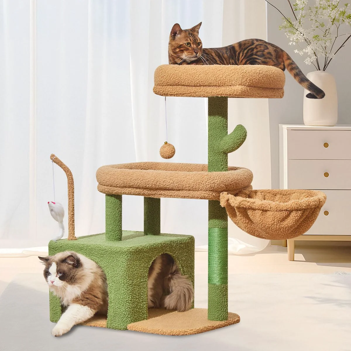 Premium Taoqimiao MS043T Cat Tree – 32.2-Inch Indoor Cat Condo with Large Perch Cave Cactus Healthy