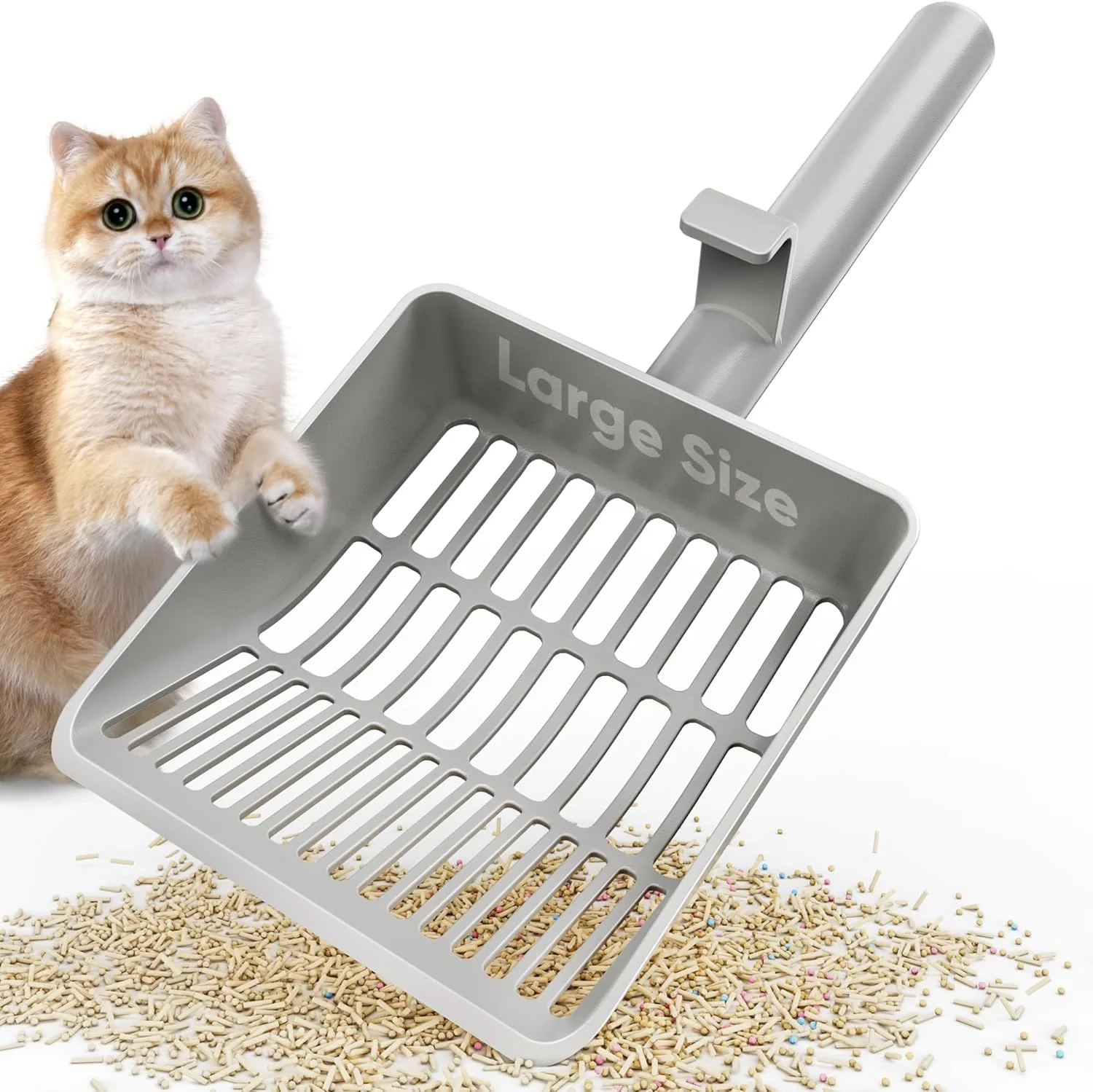 Responsible Large Cat Litter Scoop Heavy-Duty Litter Scoop with Dual Sifting Holes for Fast Fine Clumping Kitty Litter Scooper with Long Handle Easy-to-Hang Hook for Litter Box Sustainable