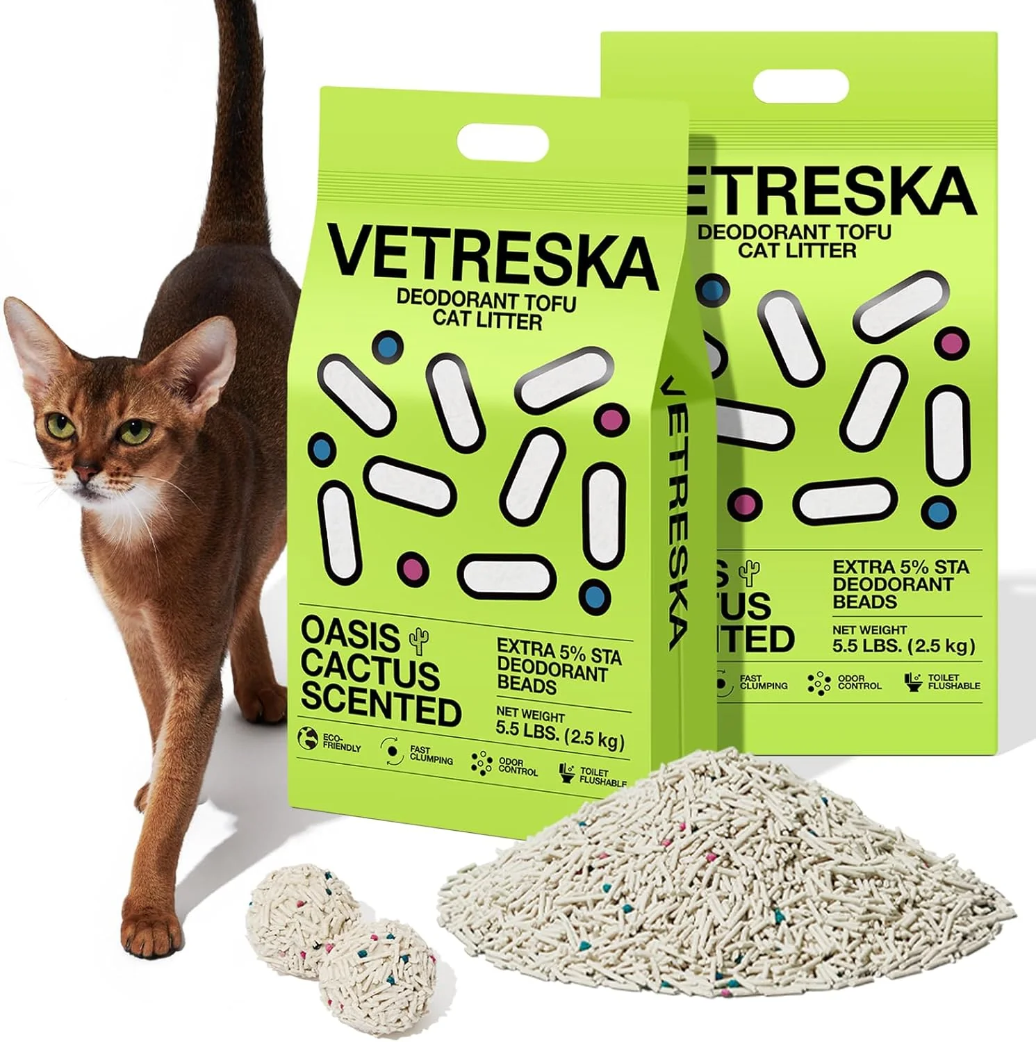 Luxury VETRESKA Tofu Cat Litter Natural Kitty Litter Strong Clumping Flushable Pellets Ultra Water Absorbent Deodorant Tofu Litter Dust- Low Tracking Cat Litter Cactus 5.5lb×2bags High-End