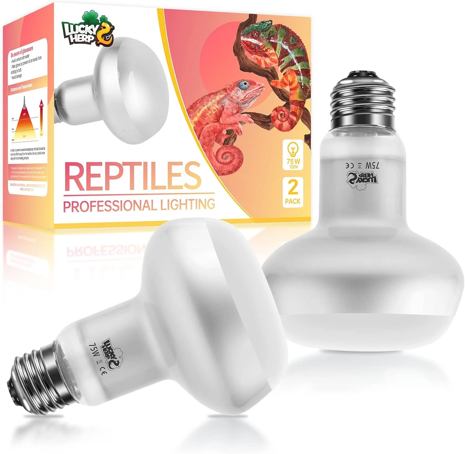 Long-Lasting LUCKY HERP Intense Heat Lamp Bulbs for Reptiles 75W 2 Pack UVA Daylight Reptile Heat Lamp Reptile Basking Heat Light Bulb for Amphibian Tortoise Bearded Dragon Lizard Turtle Snake Heating Use Easy-to-Use