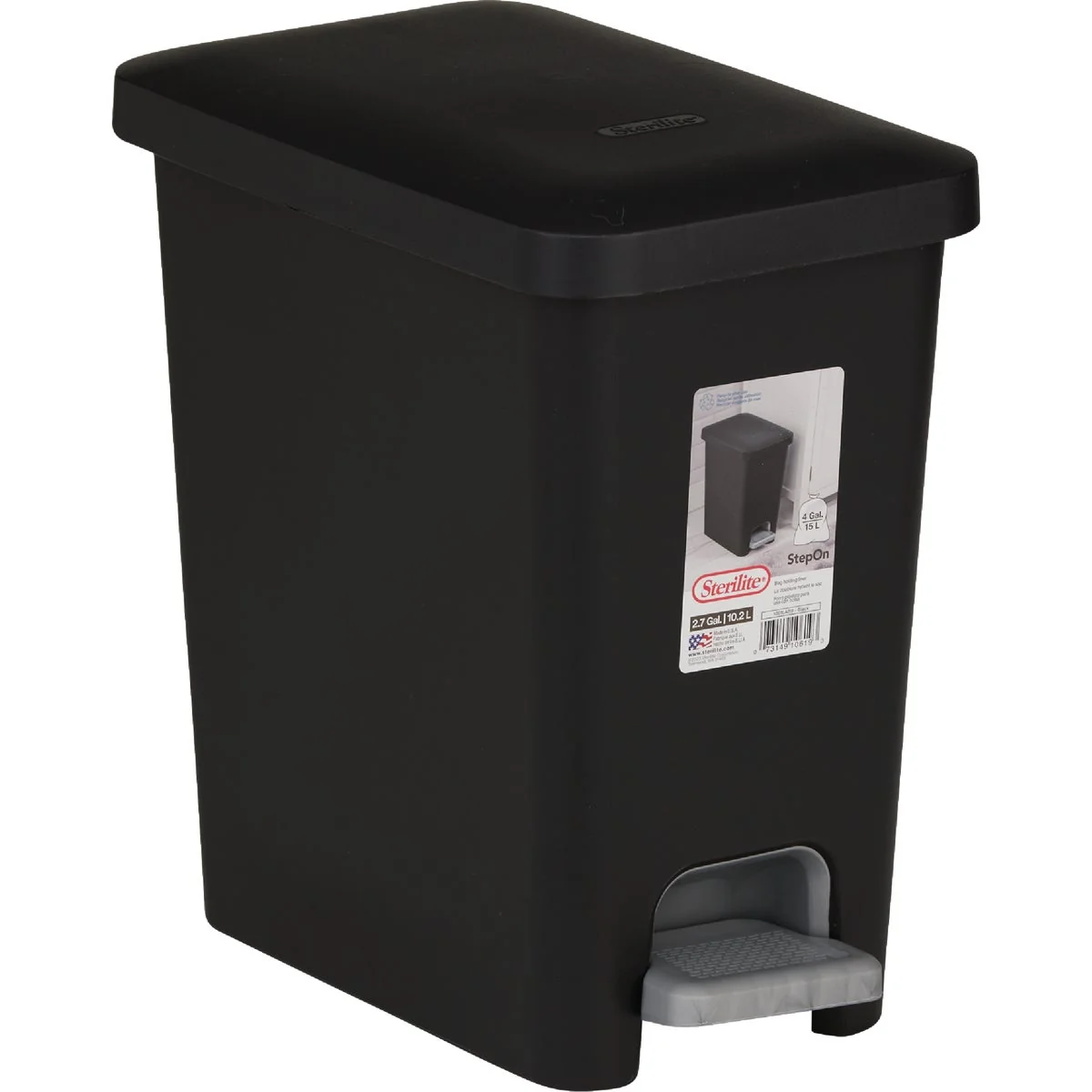 Smart Sterilite 2.7 Gal. 10.2 L Black Rectangular Step-on Wastebasket Trusted