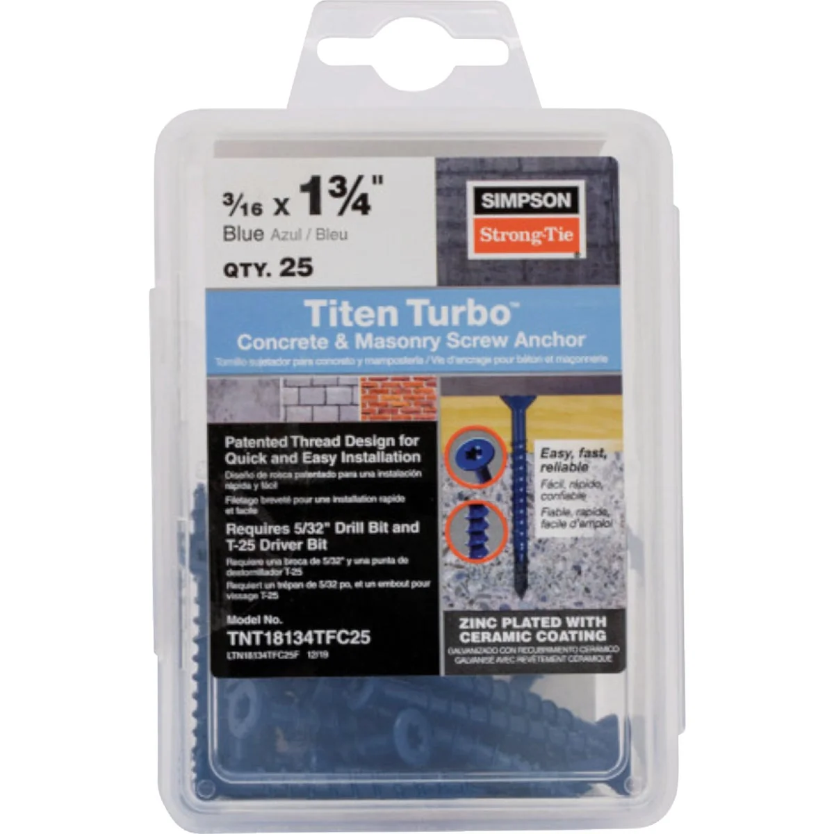 Official Simpson Strong-Tie Titen Turbo 3 16 in. x 1-3 4 in. 6-Lobe Flat-Head Concrete and Masonry Screw Blue 25-Qty Solid