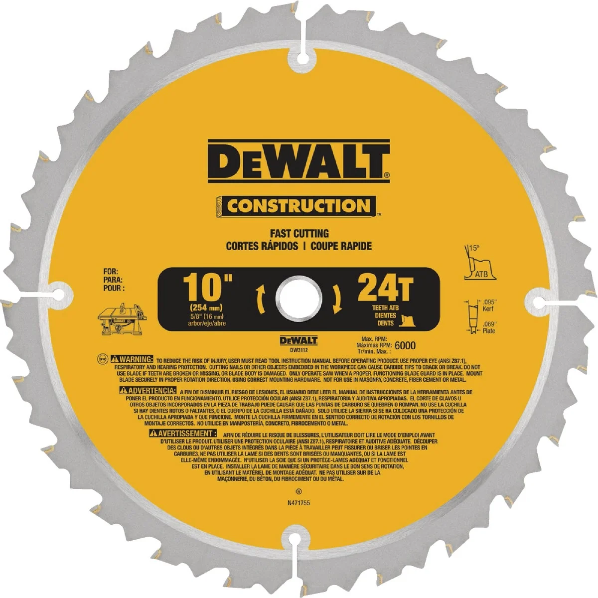 Green DEWALT 10 In. 24-Tooth Circular Saw Blade Expertly Made