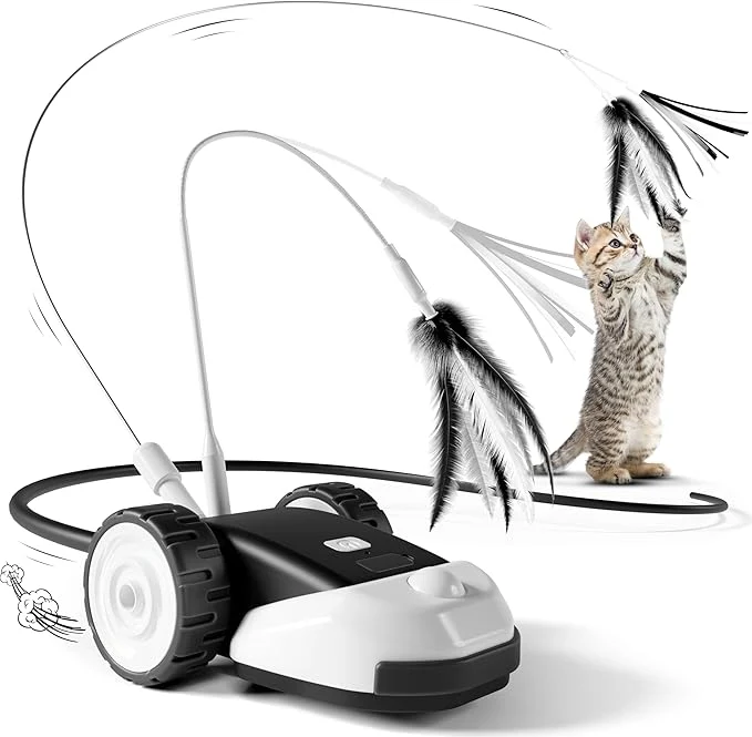 First-Class CYROS 3-in-1 Interactive Cat Toy - 2-Speed Automatic Moving Mouse Cat Toys Self Play with 2pcs Hanging Feather String Ribbon and Wiggly Silicone Mice Tail for Bored Indoor Adult Cats KittensAbout This Relaxed