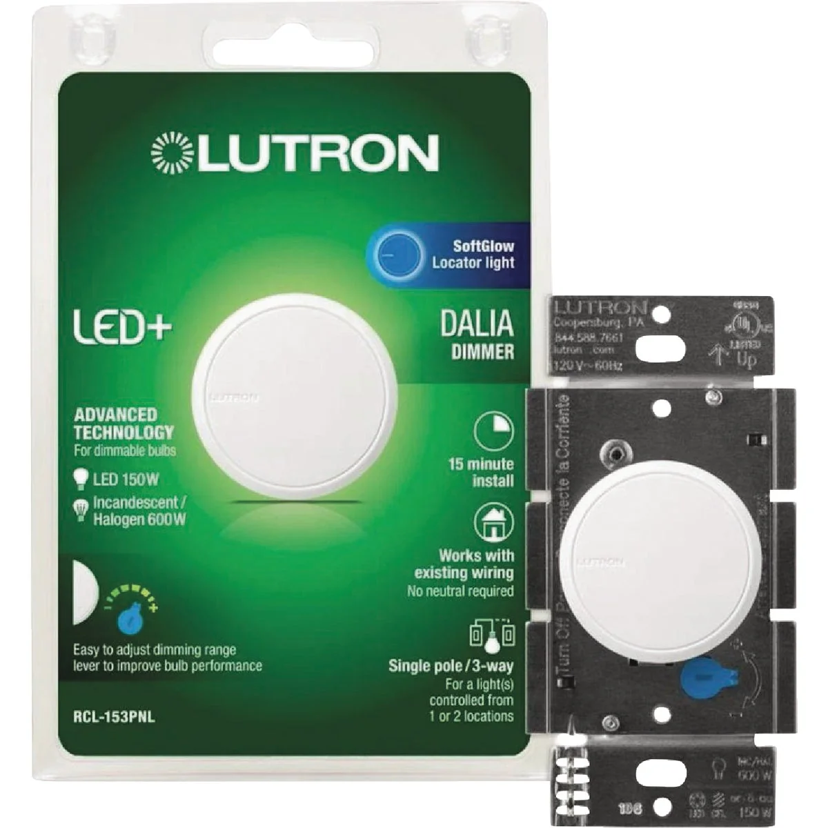 Official Lutron Dalia LED White 150W Single-Pole 3-Way LED Illuminated Rotary Light Dimmer Switch Smooth