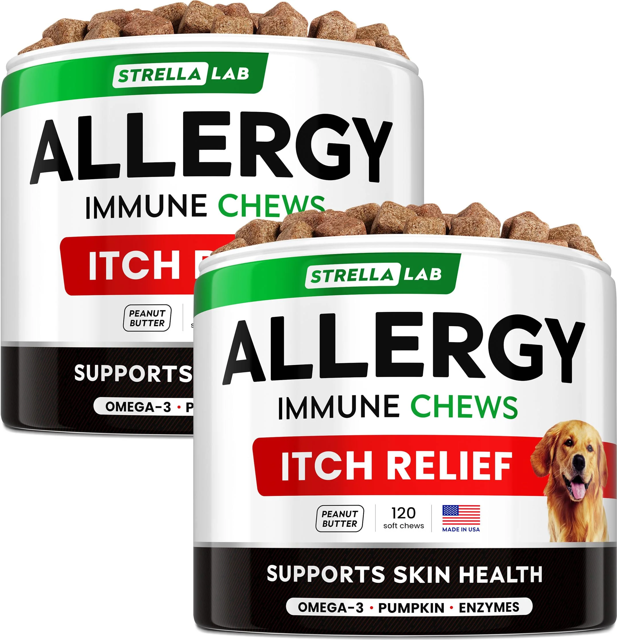 Recyclable STRELLALAB Dog Allergy Relief Anti-Itch Chews with Omega-3 Made in USA Artisan