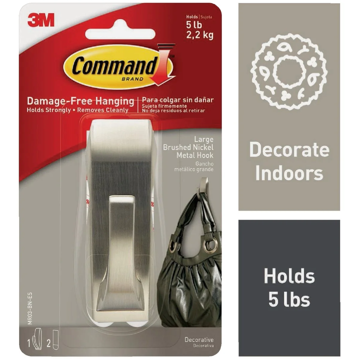 Pure Command Large Modern Reflections Hook Brushed Nickel 1 Hook 2 Strips Pack Fast