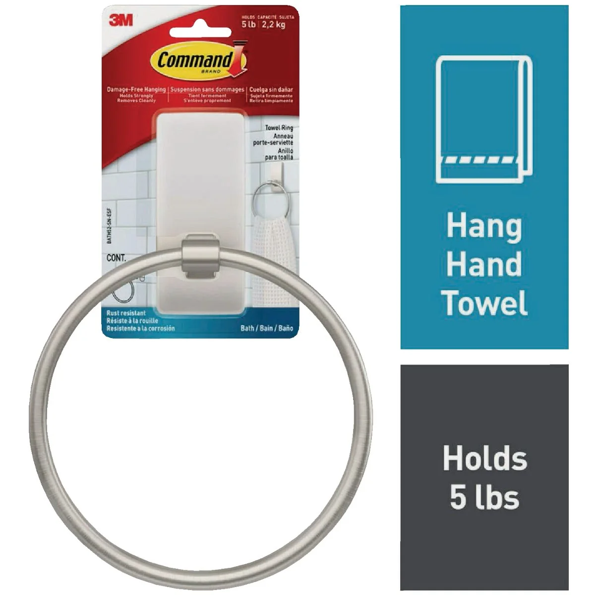 Healthy Command Bath Satin Nickel Towel Ring 2 Strips Effective