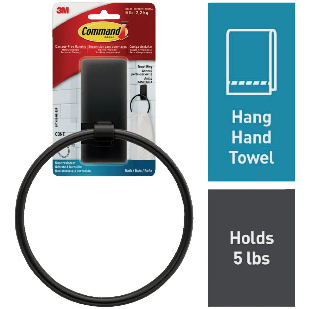 High-End Command Bath Matte Black Towel Ring 2 Strips User-Friendly