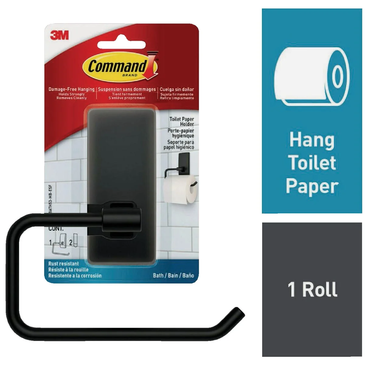 Prestigious Command Bath Matte Black Toilet Paper Holder 2 Strips Powerful