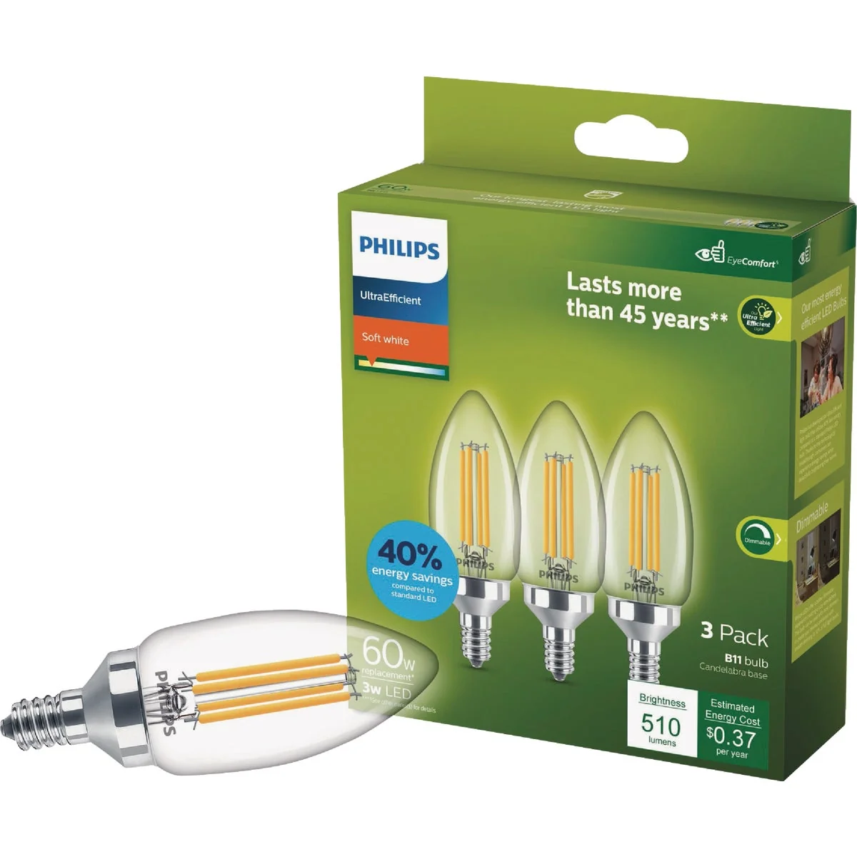 Premium Material Philips Ultra Efficient 40W Equivalent Soft White B11 LED Light Bulb 3-Pack Fine