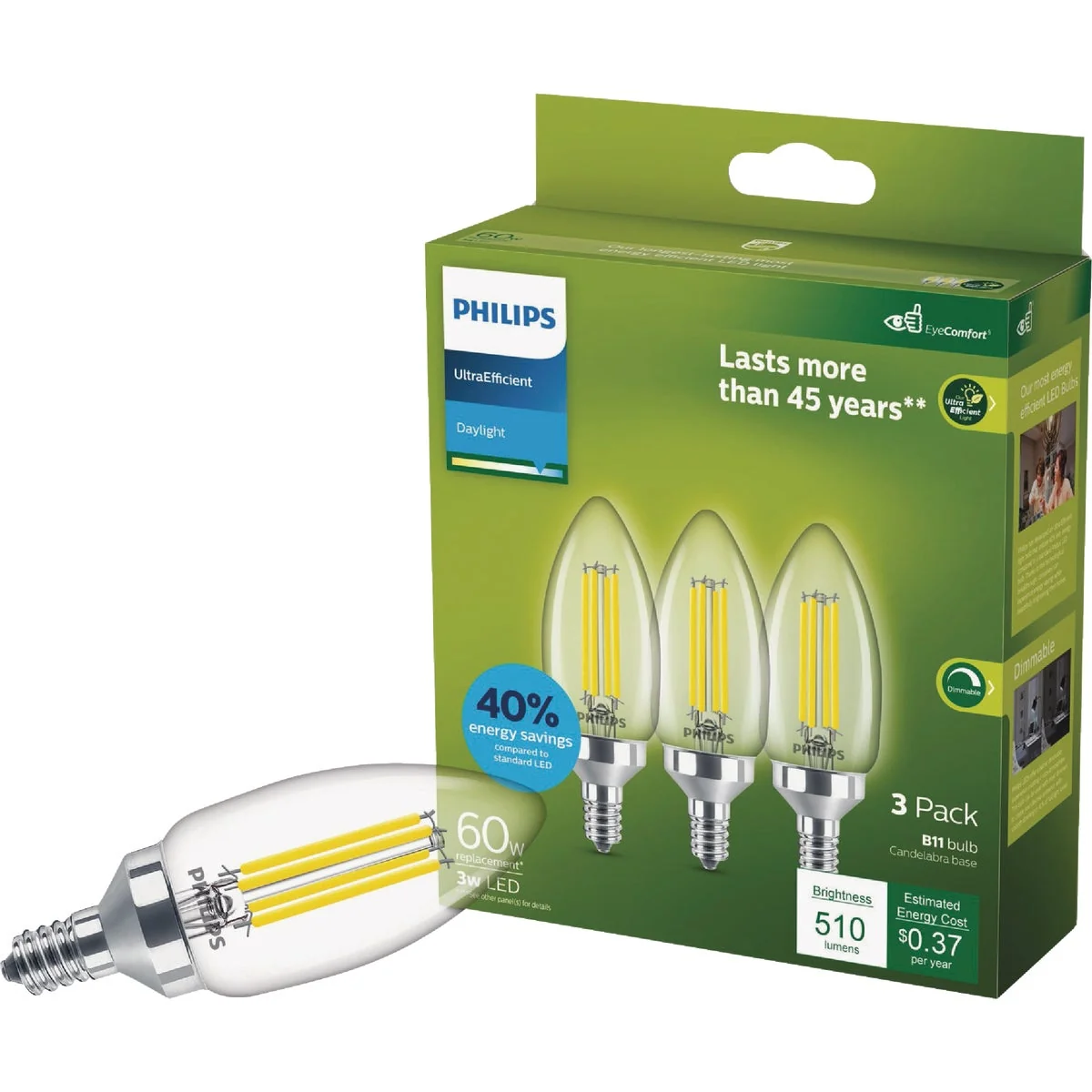 Organic Philips Ultra Efficient 40W Equivalent Daylight B11 LED Light Bulb 3-Pack Powerful