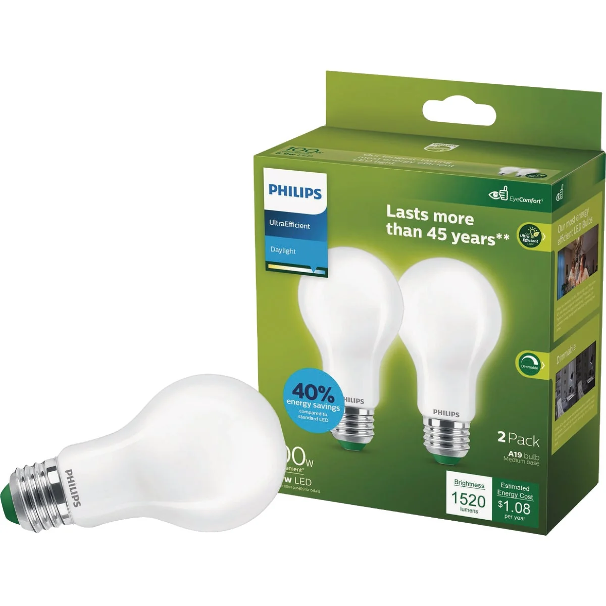 First-Class Philips Ultra Efficient 100W Equivalent Daylight Frosted A19 LED Bulb 2-Pack Superior