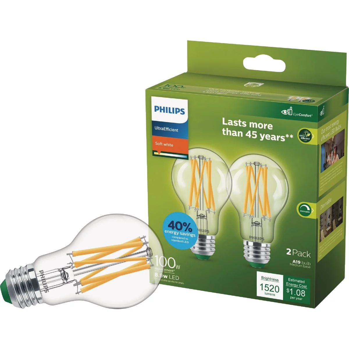 Official Philips Ultra Efficient 100W Equivalent Soft White Clear A19 LED Bulb 2-Pack Eco-Friendly