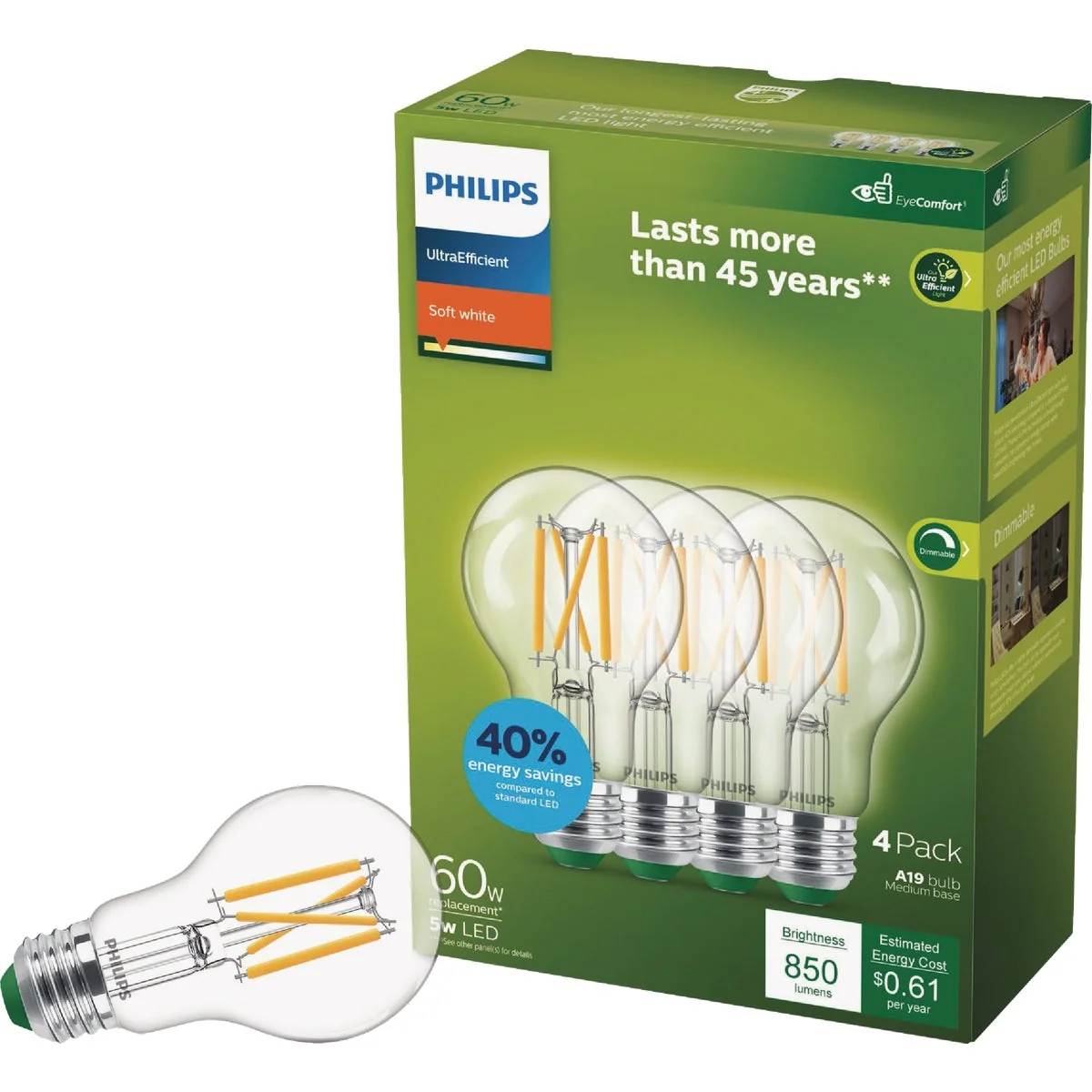 Organic Philips Ultra Efficient 60W Equivalent Soft White Clear A19 LED Bulb 4-Pack Safe
