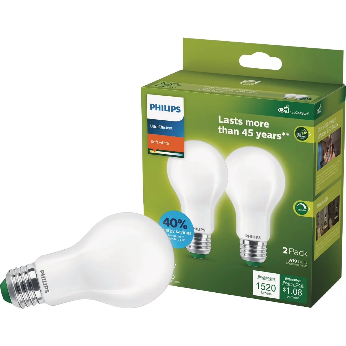 Pure Philips Ultra Efficient 100W Equivalent Soft White Frosted A19 LED Bulb 2-Pack Innovative