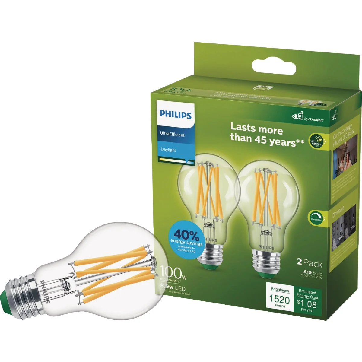 Expertly Made Philips Ultra Efficient 100W Equivalent Daylight Clear A19 LED Bulb 2-Pack High-Grade