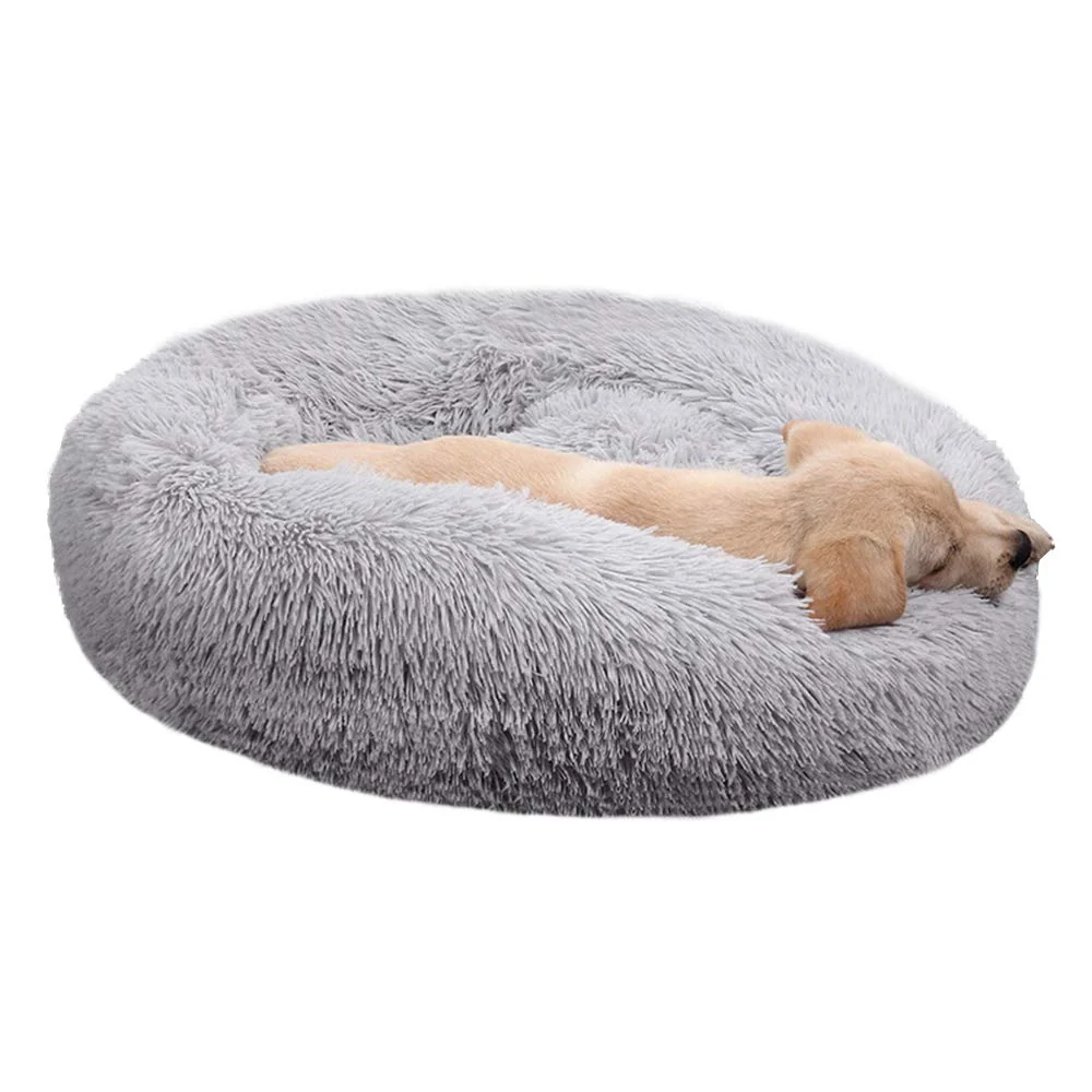 High-End BODISEINT Faux Fur Donut Dog Bed — Self-Warming Calming Bed for Medium Large Pets 28-inch Diameter Light Grey High-Performance