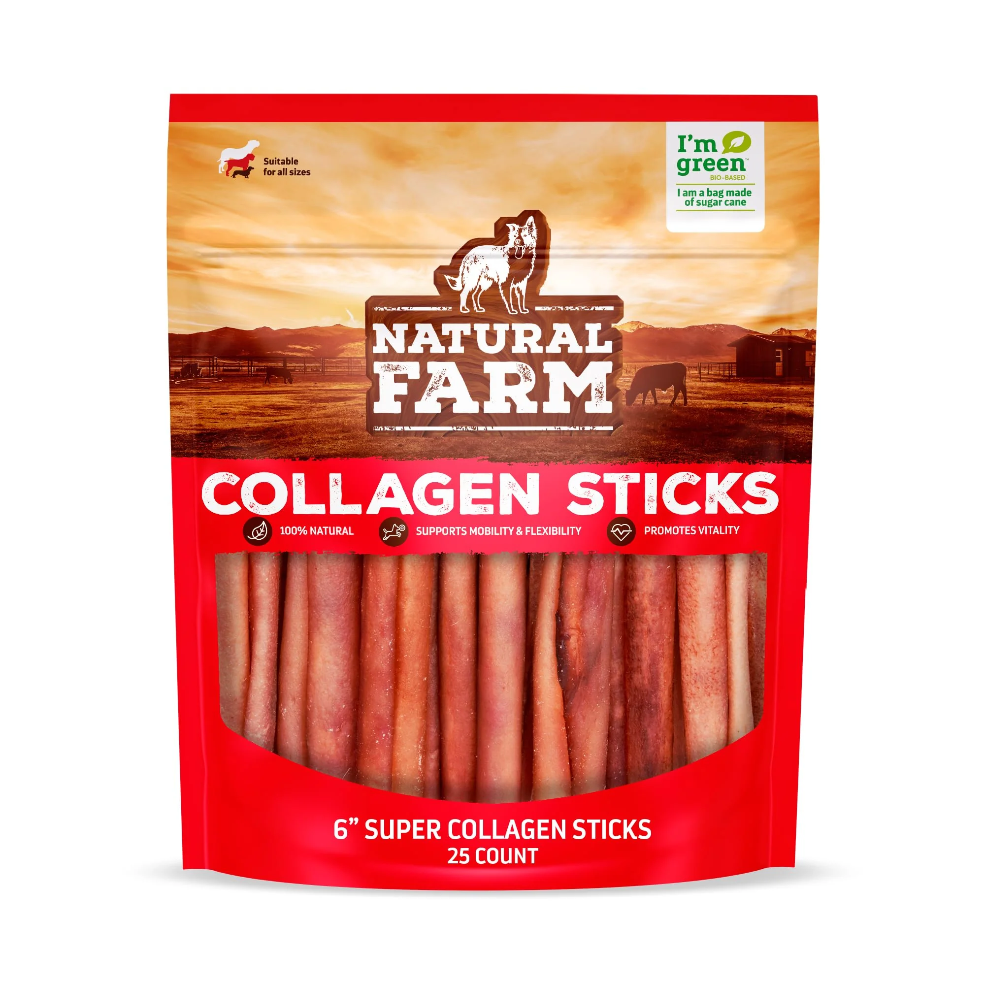 Optimized Natural Farm Odor- Super Collagen Dog Chews – 6-Inch 25-Pack Angus Hide Versatile