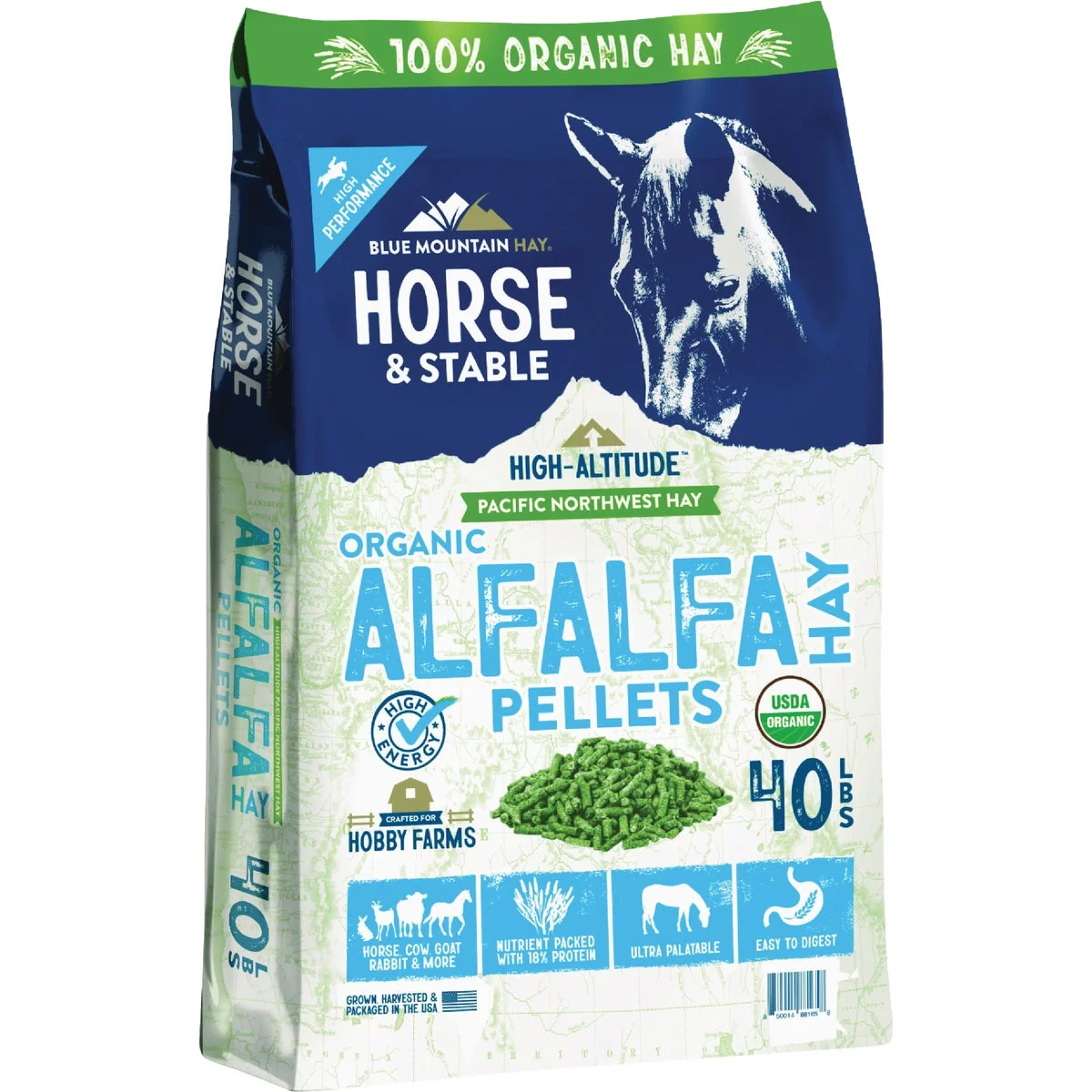 Expertly Made Blue Mountain Hay High Altitude 40 Lb. Organic Alfalfa Hay Pellets Green