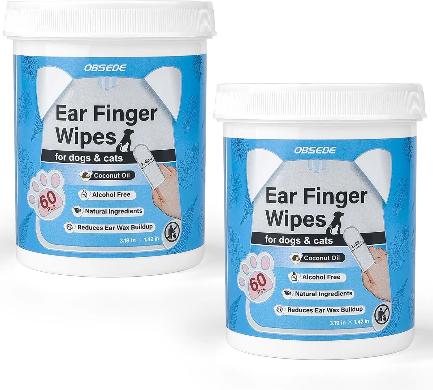 Original Design OBSEDE Dog Cat Ear Wipes Finger Sleeve Design for Gentle Wax Dirt Reduce Odor Control Fresh Coconut Scent Easy at-Home Pet Grooming 120 Count Powerful
