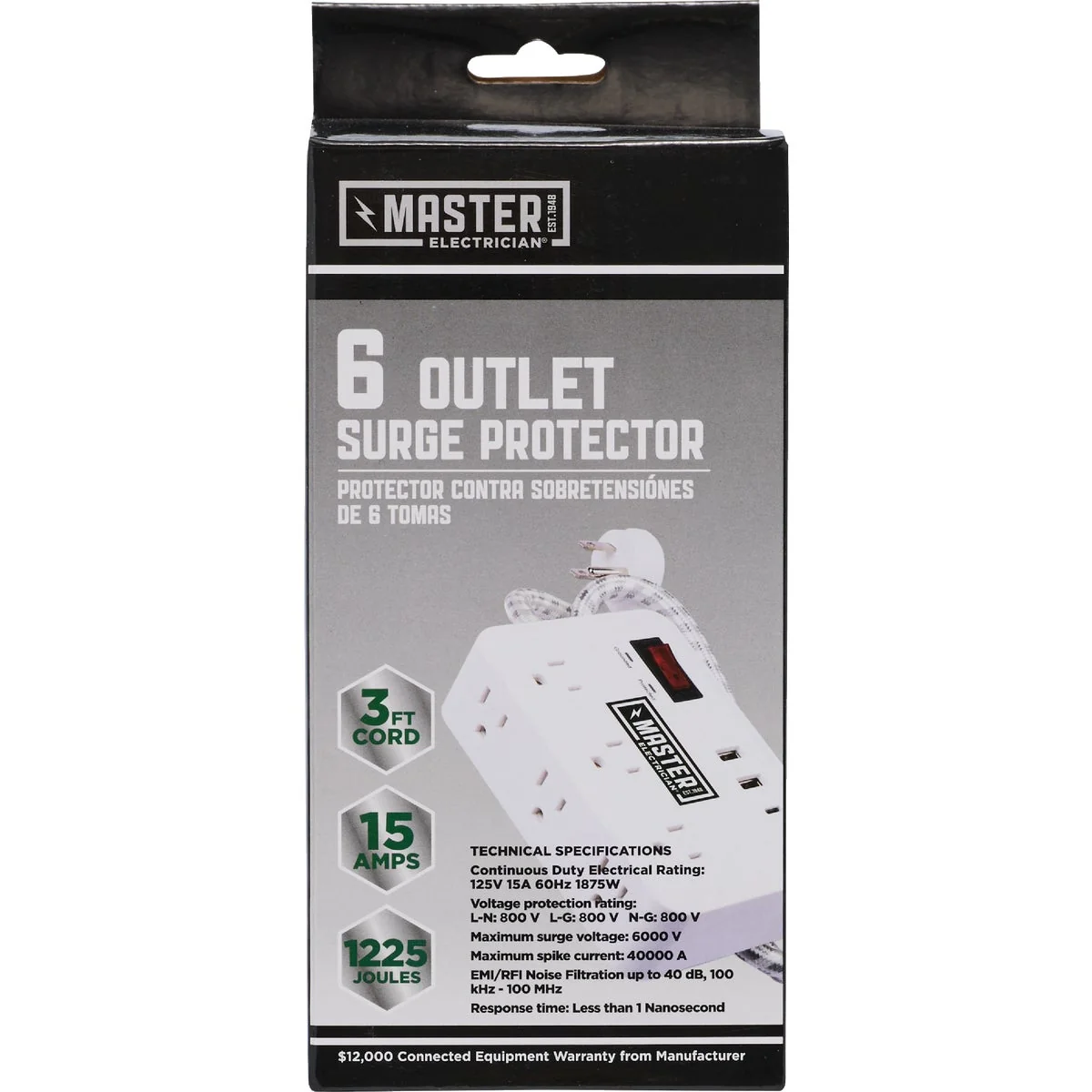 Original Design Master Electrician 6-Outlet 2 USB White Surge Strip with 3 Ft. Cord High-End