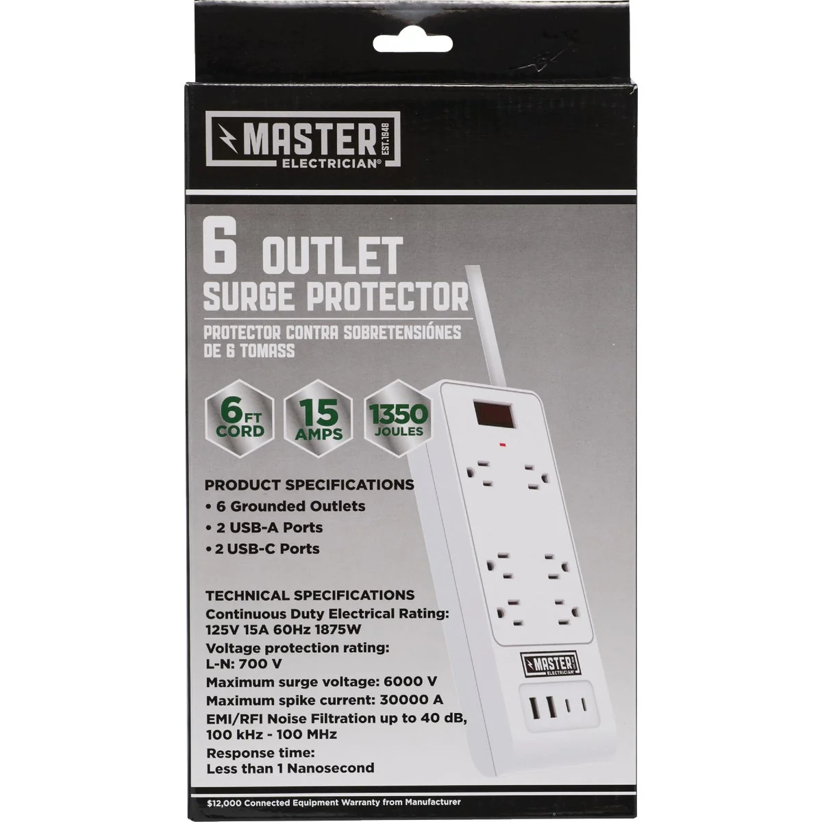 Functional Master Electrician 6-Outlet 4 USB 1350J White Surge Strip with 3 Ft. Cord Lightweight