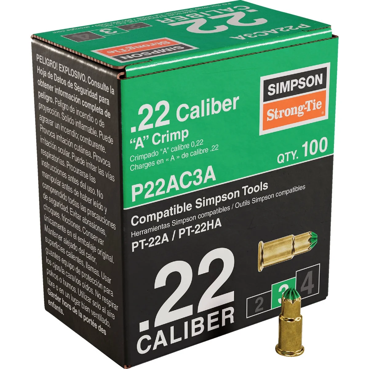 Easy-to-Use P22AC 0.22-Caliber A Single-Shot Crimp Loads LVL 3 Green - Imported 100-Qty Superior