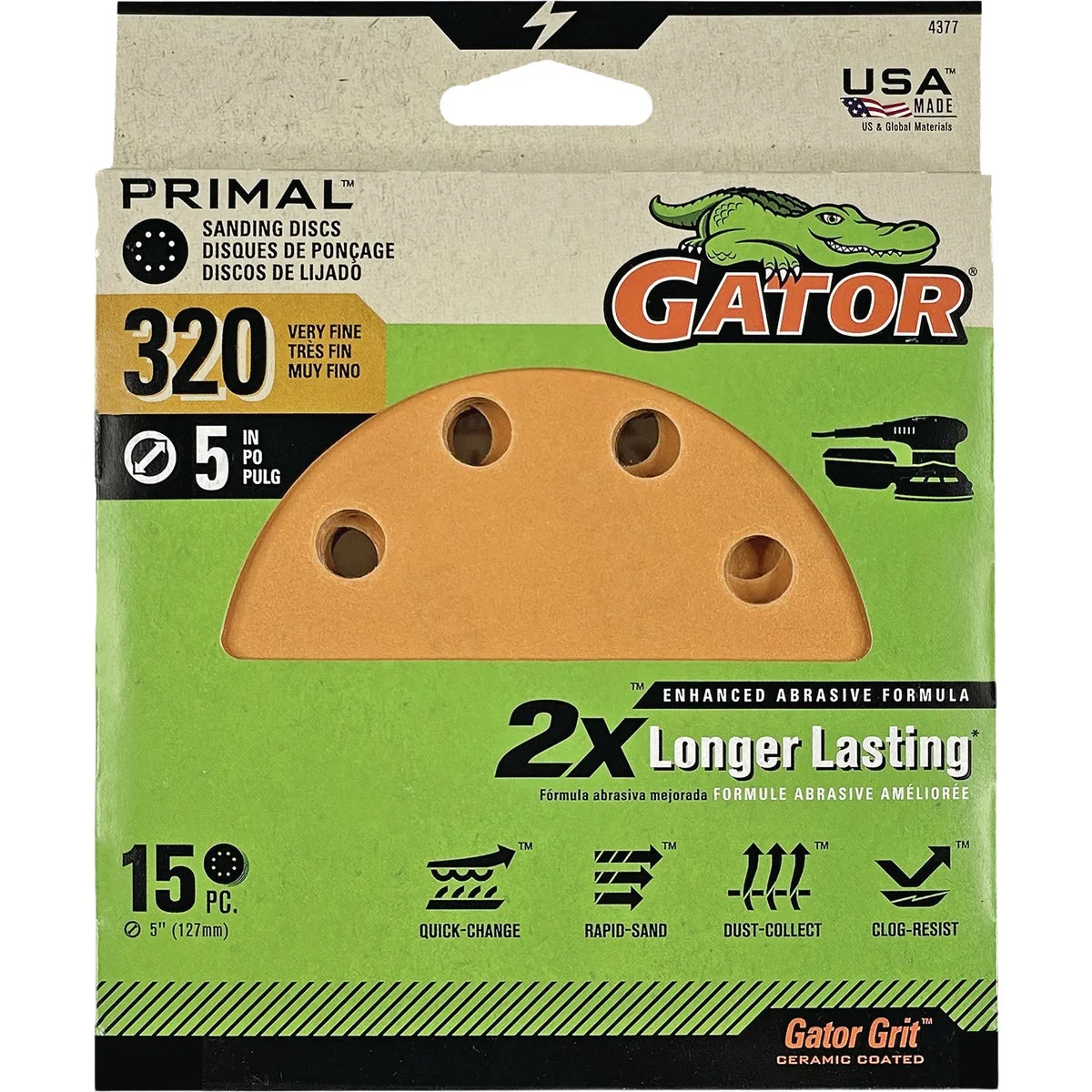 Lightweight Gator 5 In. 8-Hole 320-Grit Hook Loop Sanding Disc 15-Pack Soft