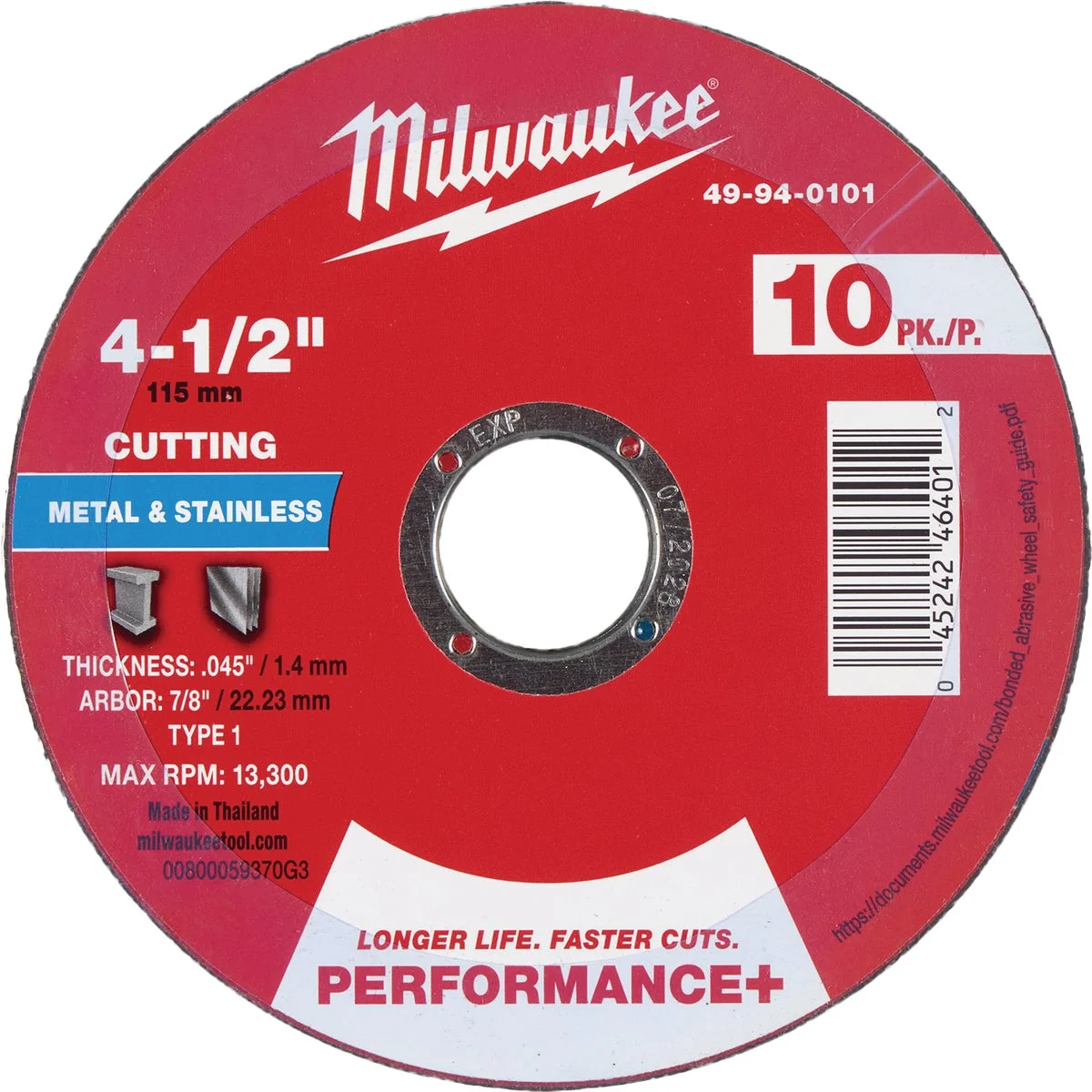 Powerful Milwaukee Type 1 4-1 2 In. x .045 In. x 7 8 In. Performance-Plus Metal Cut-Off Wheel 10-Pack Advanced