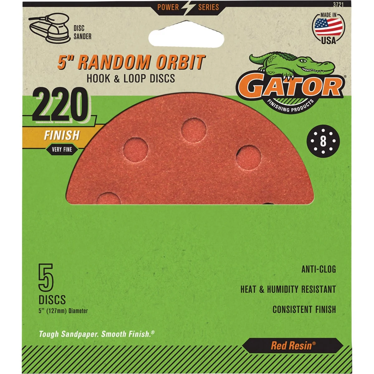 Fine Crafted Gator 5 In. 8-Hole 220-Grit Hook Loop Sanding Disc 5-Pack Soft