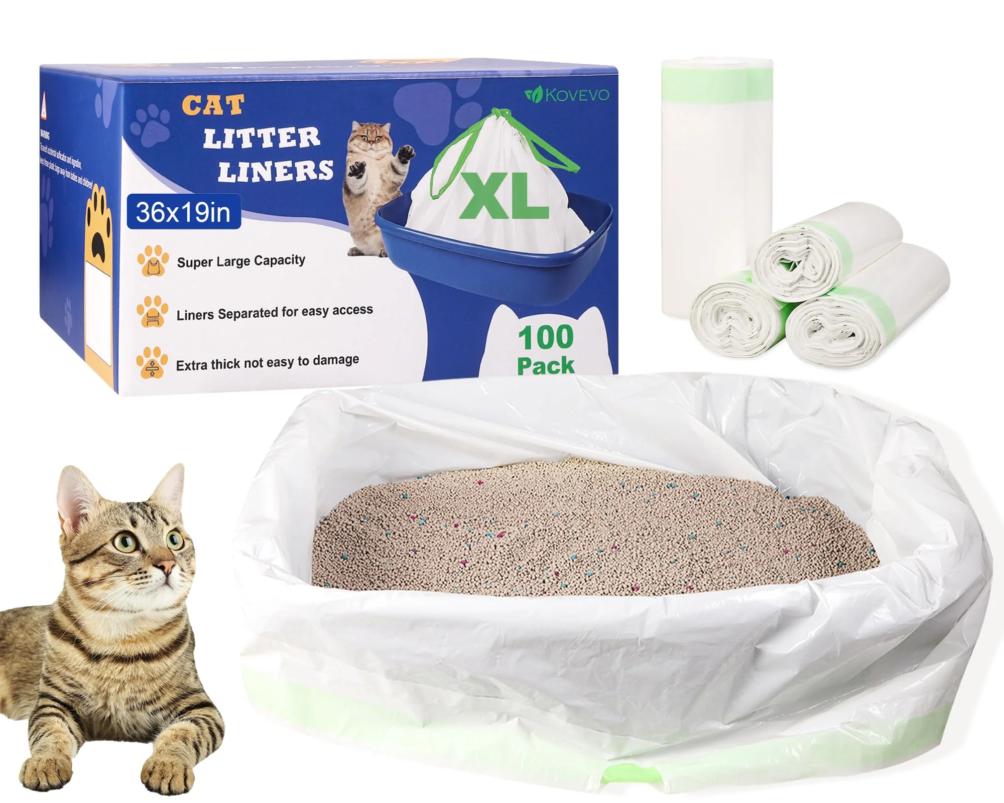 Original Kovevo 100 Pack Jumbo Cat Litter Box Liners – Extra Thick 36x19 in Tear-Resistant Drawstring Bags Advanced