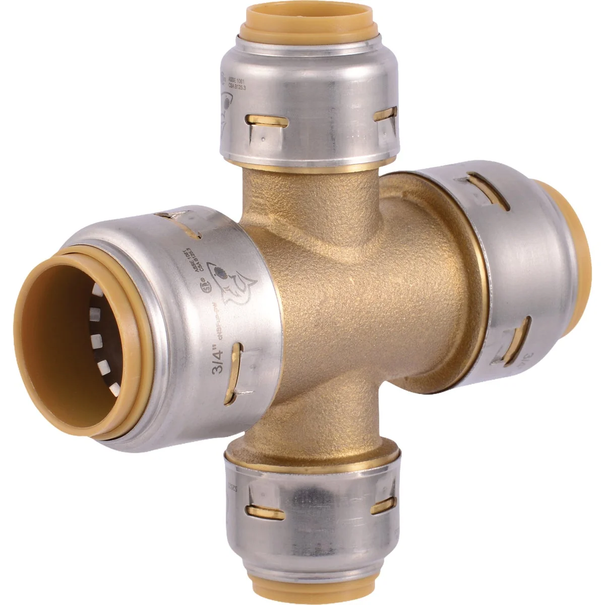 Authentic SharkBite 3 4 In. x 3 4 In. x 1 2 In. x 1 2 In. Push-to-Connect Brass Cross Tee Fitting Relaxed