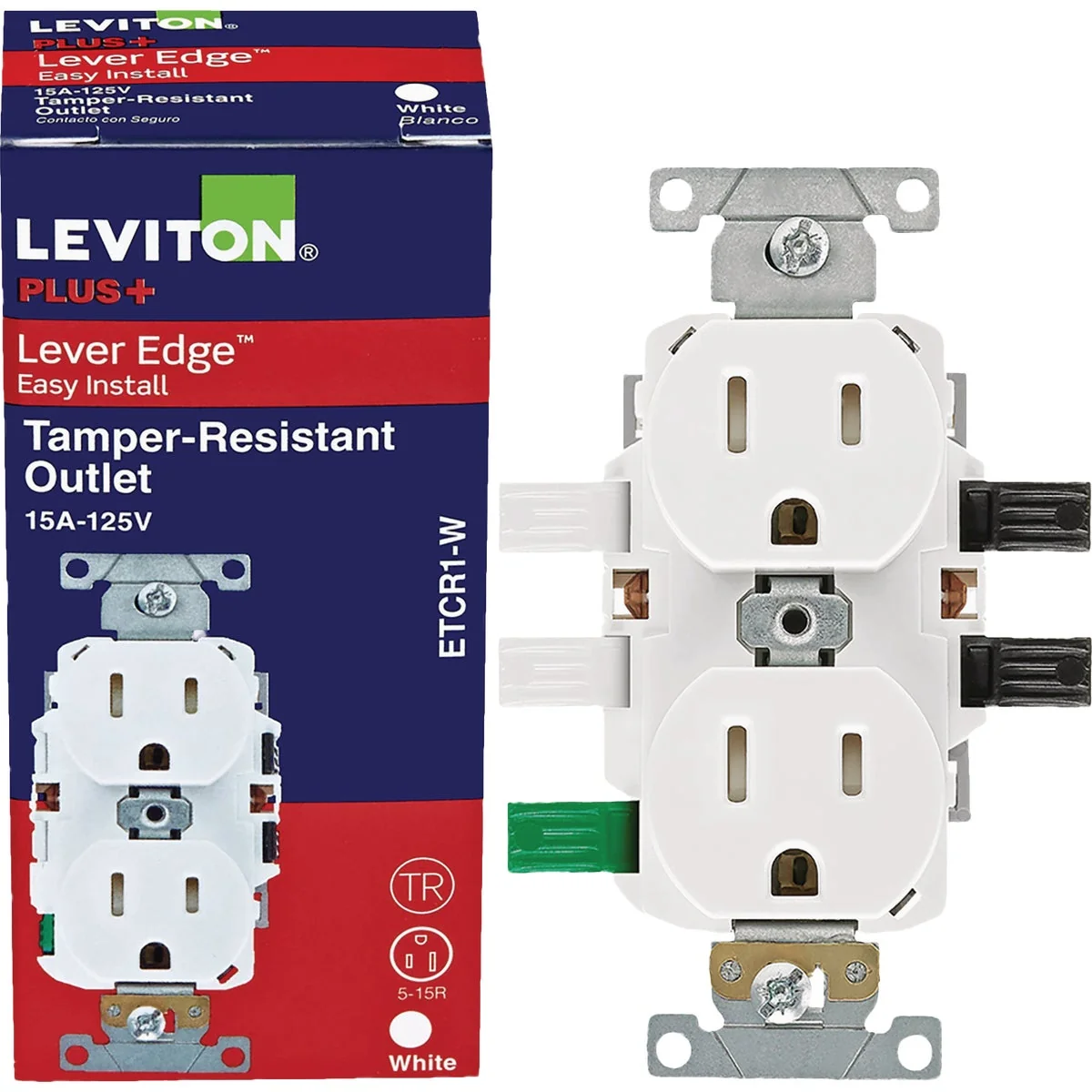 Verified Leviton Lever Edge White 15A Commercial Grade 5-15R Tamper Resistant Duplex Outlet Prestigious