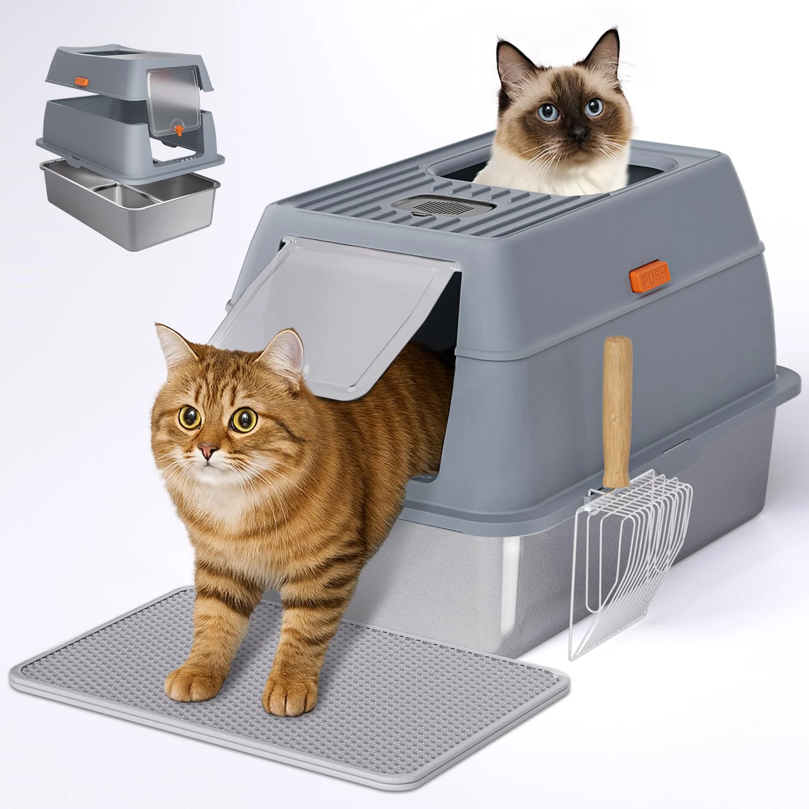 Premium Fitrobust Stainless Steel Litter Box with Lid — Extra Large Dual Entry Odor- Powerful