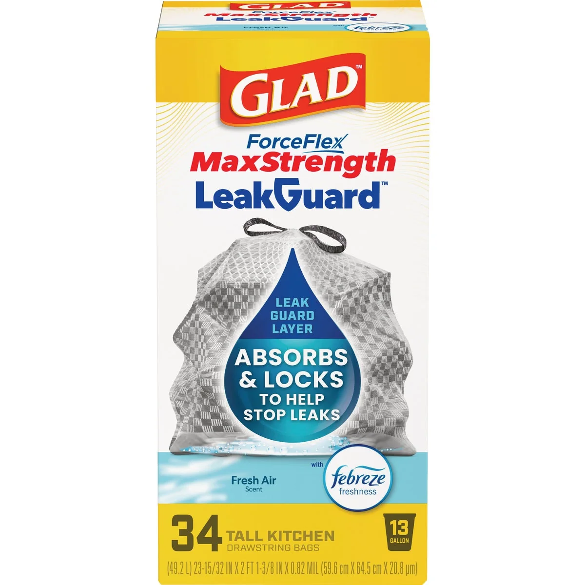 Next-Generation Glad ForceFlex 13 Gal. MaxStrength Fresh Air Tall Kitchen Drawstring Trash Bag 34-Count Verified