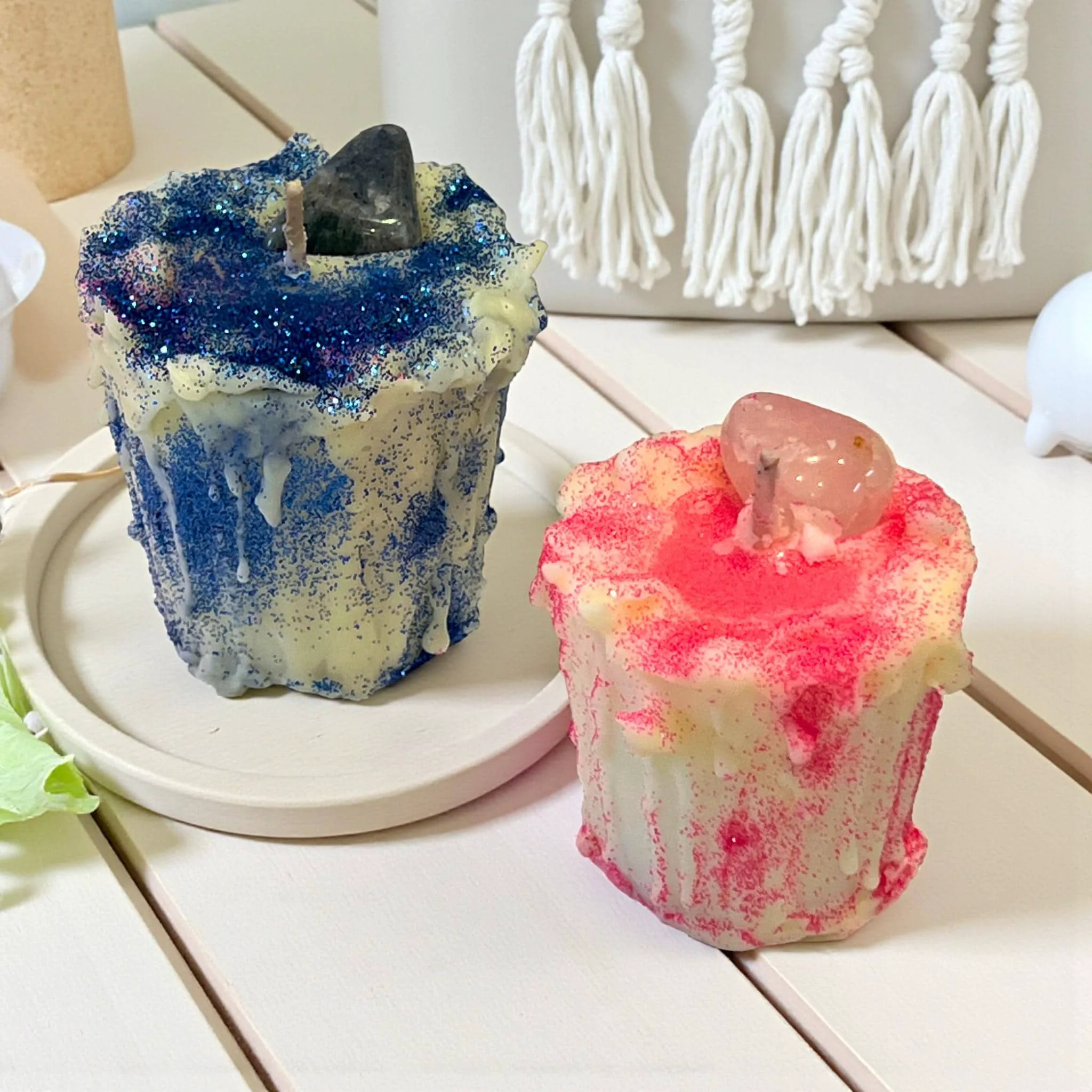 Smooth Crystal Soy Drip Candle with Glitter Choose from Rose Quartz Moonstone or Sodalite Practical