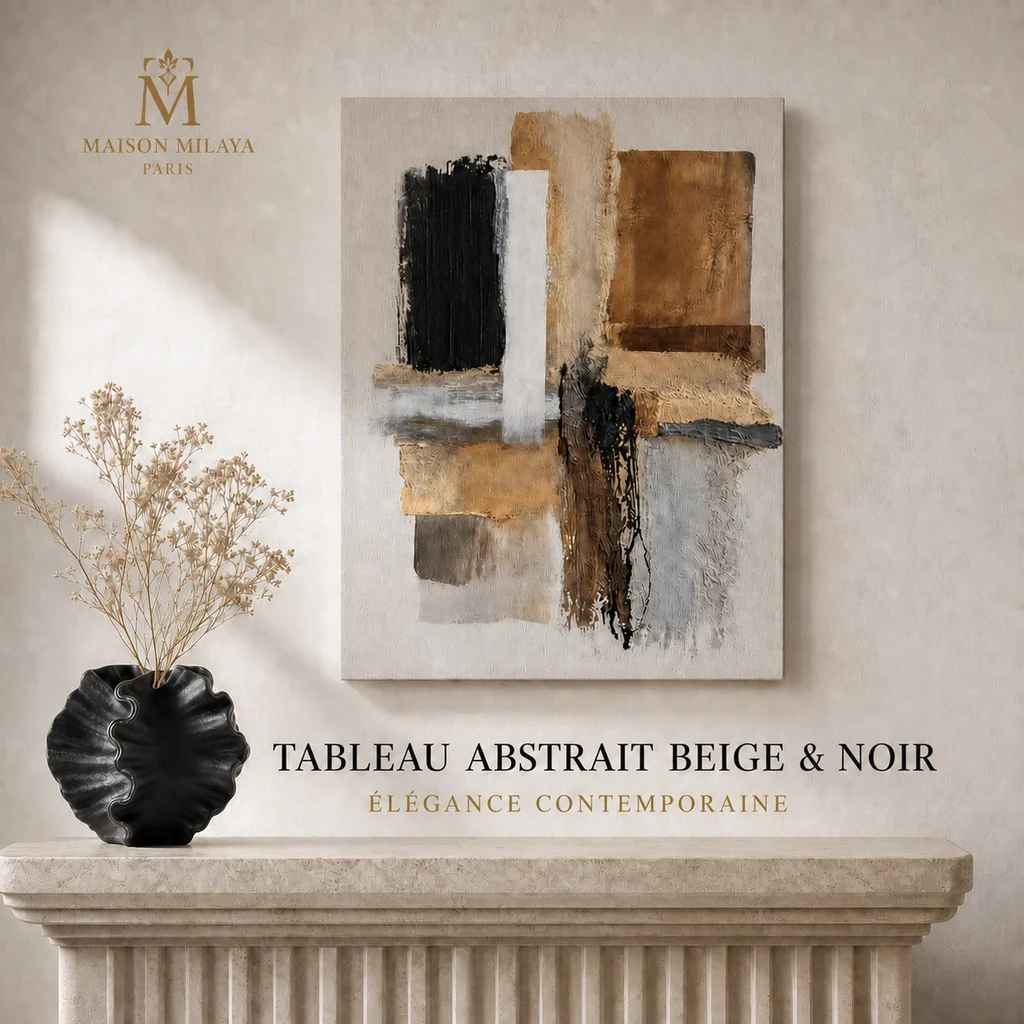 Refined Tableau Abstrait Beige Noir – Élégance Contemporaine – Maison Milaya Expertly Made