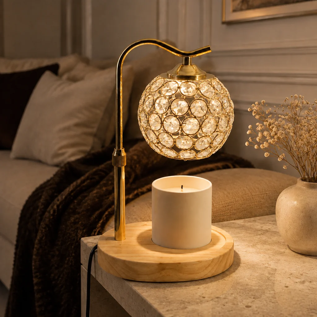 Prestigious Lampe Chauffe-Bougie à Abat-Jour Rond Facetté – Maison Milaya Natural