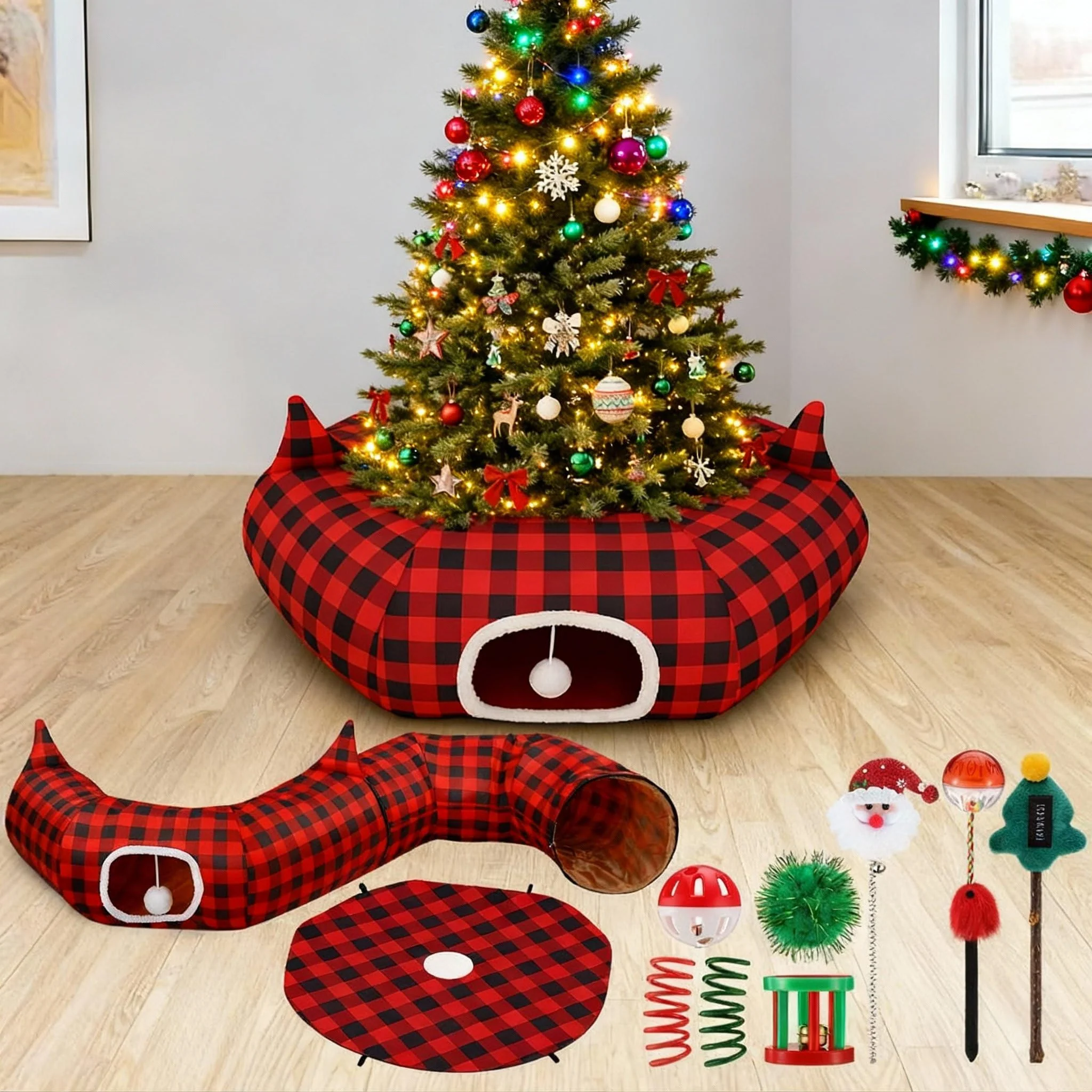 Functional Sosation 9-Pcs Christmas Cat Tunnel Set — Buffalo Plaid 34in Tunnel Tree Skirt 7 Toys Excellent