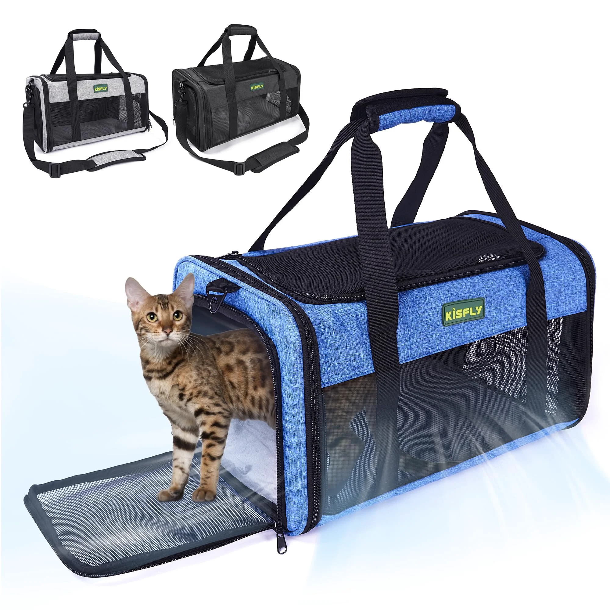 Original Design KISFLY TSA- Cabin Pet Carrier 17x11x9.5 in — Top-Open Litter Box Anti-Scratch Mesh Blue Excellent